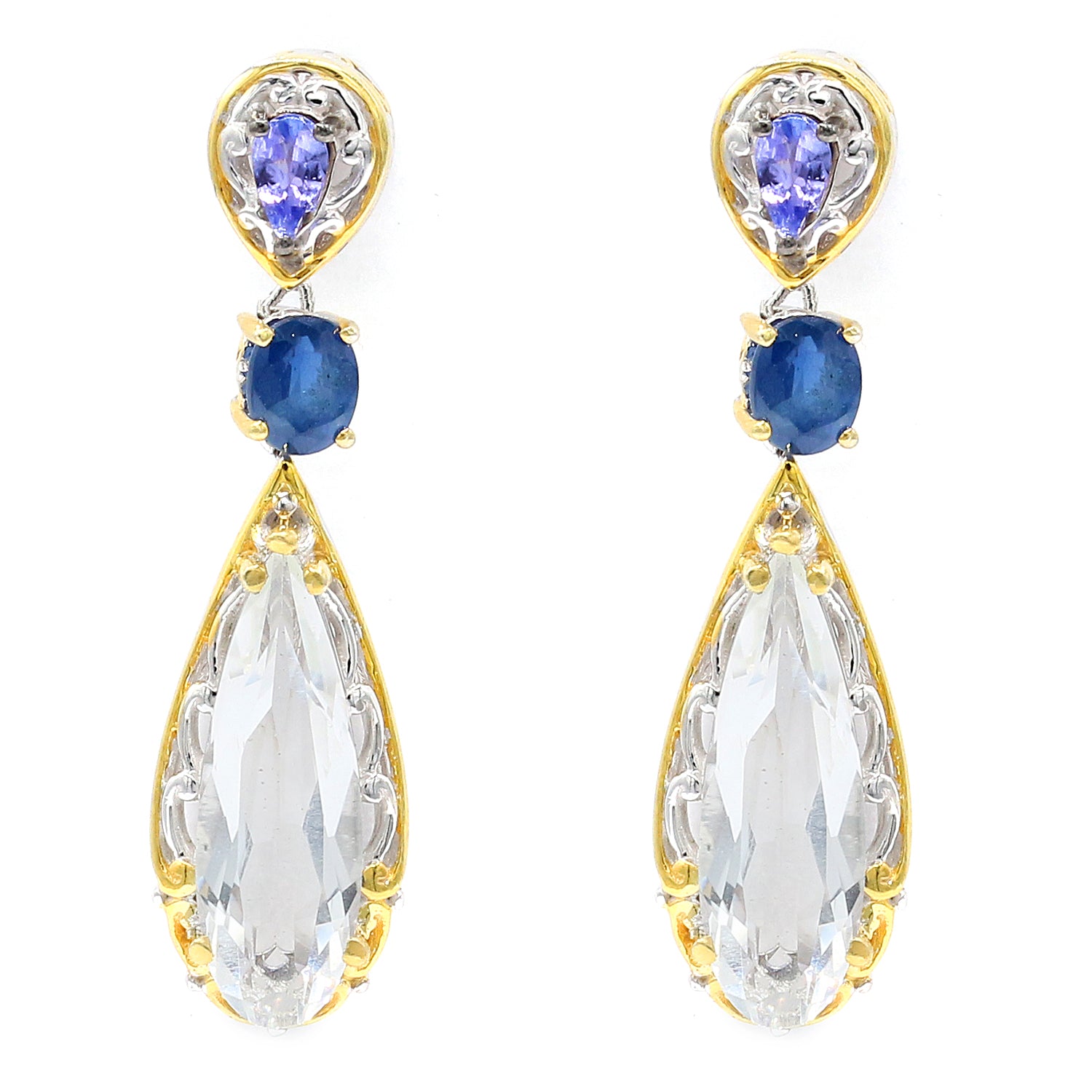 Gems en Vogue 6.62ctw Clear Quartz, Blue Sapphire & Tanzanite Drop Earrings