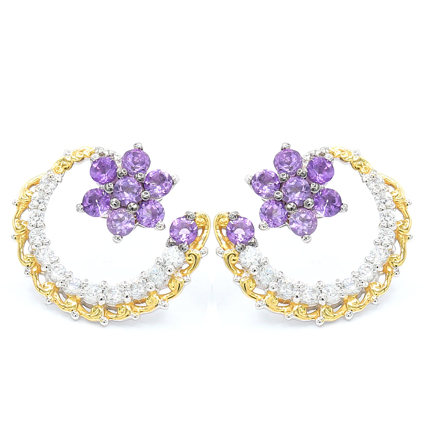 Gems en Vogue 2.0ctw Amethyst & White Zircon Star & Flower Stud Earrings