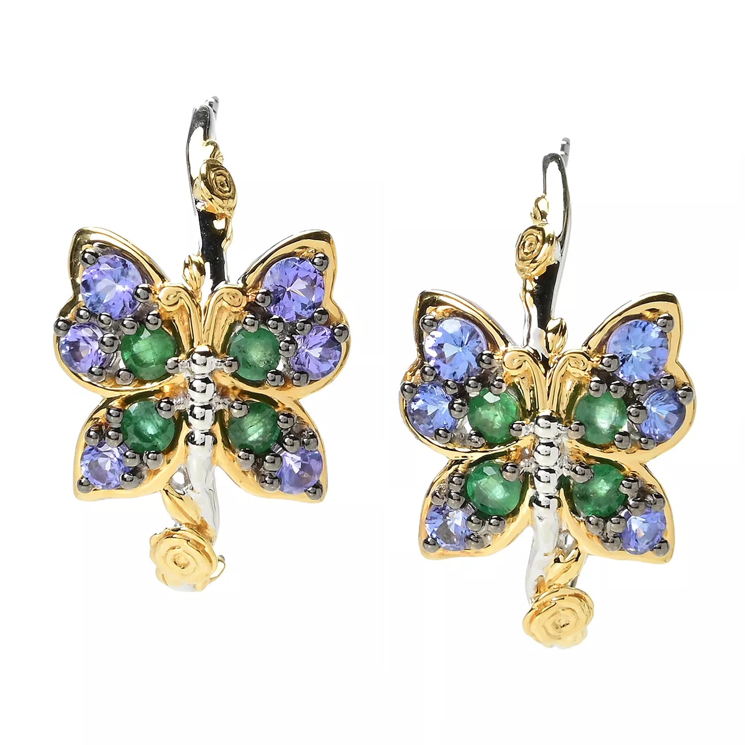 Gems en Vogue 2.58ctw Tanzanite & Grizzly Emerald Butterfly Hoop Earrings