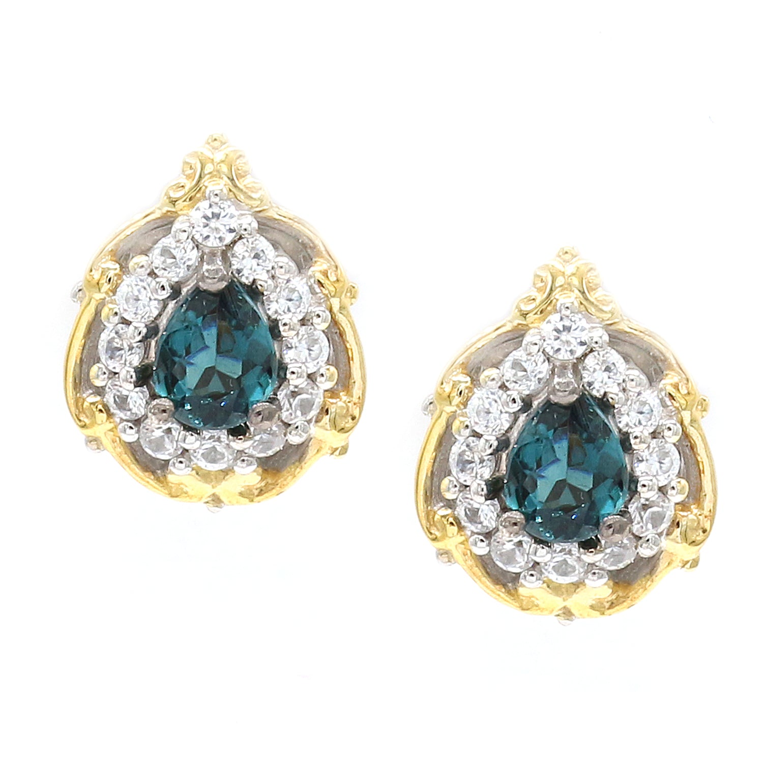 Gems en Vogue 1.62ctw Pearshaped Indicolite & White Zircon Stud Earrings