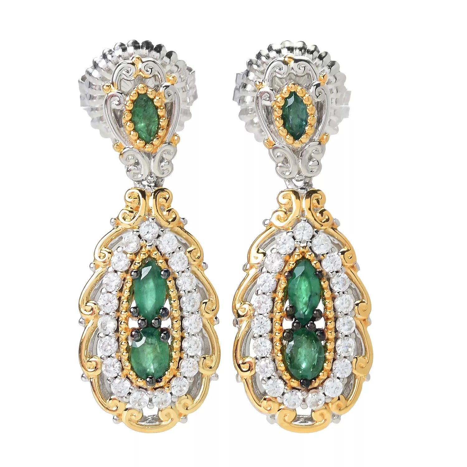 Gems en Vogue 24K Palladium Silver 1.47ctw Grizzly Emerald & White Zircon Drop Earrings