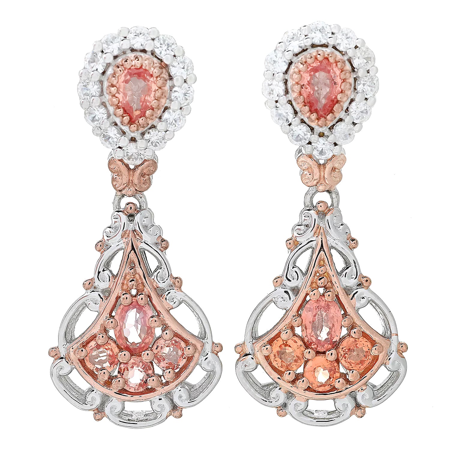 Gems en Vogue 1.62ctw Songea Salmon Sapphire & Zircon Earrings