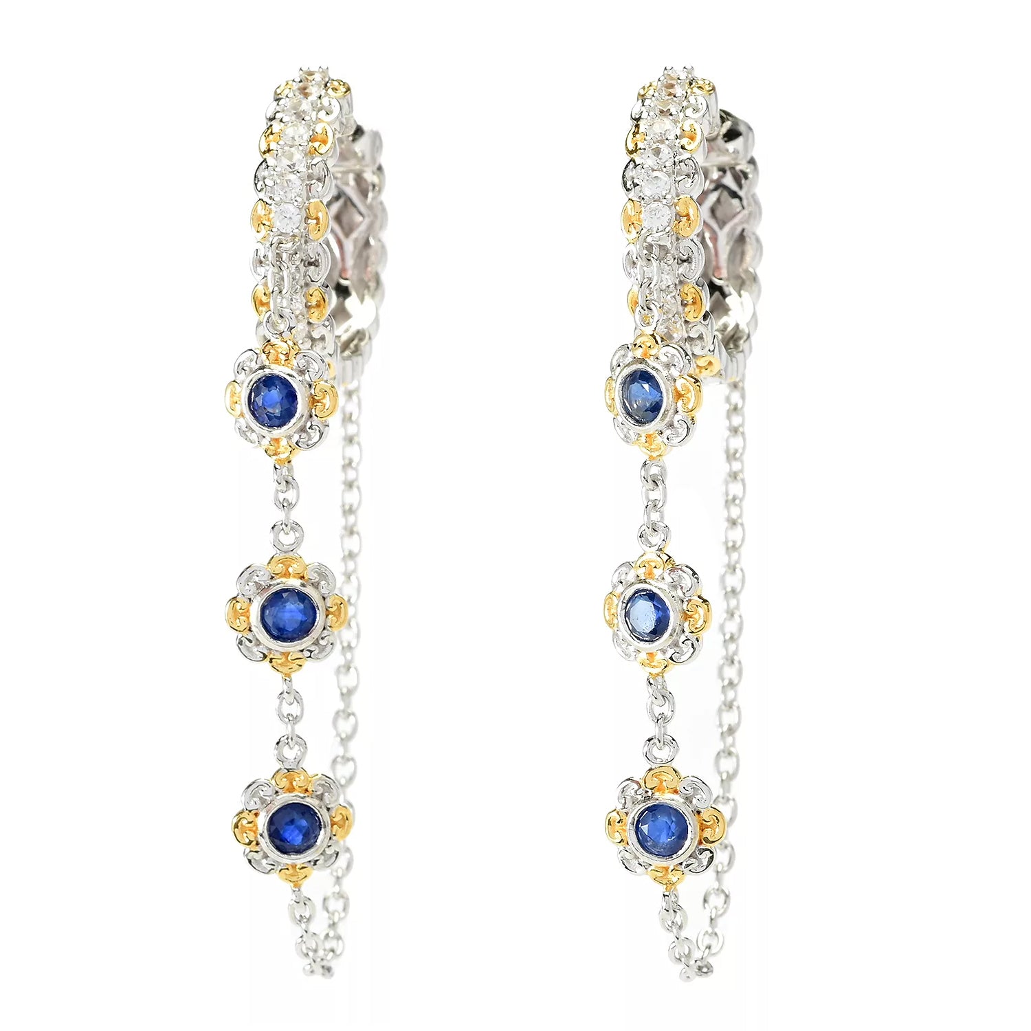 Gems en Vogue 1.12ctw Blue Sapphire & White Zircon Hoop & Chain Earrings