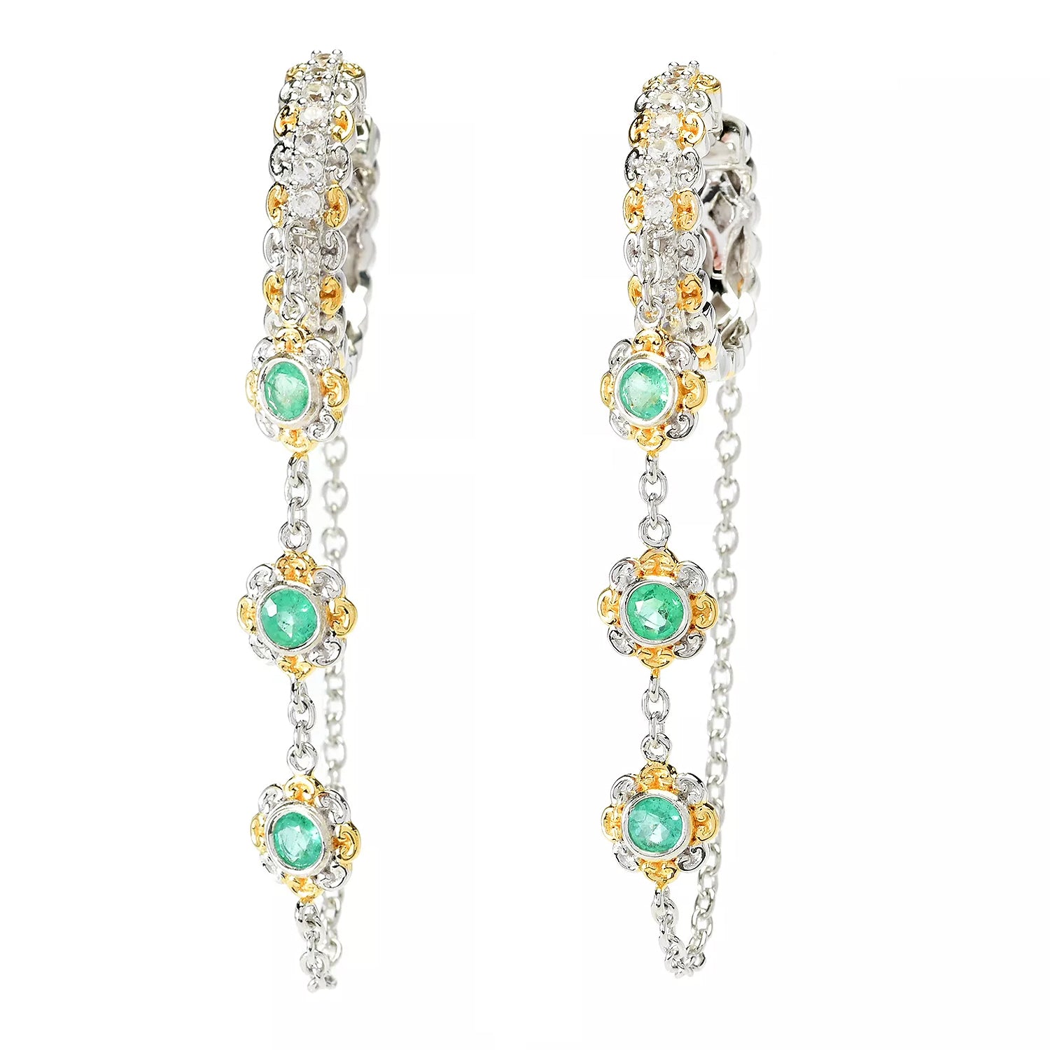 Gems en Vogue 0.94ctw Emerald & White Zircon Hoop & Chain Earrings