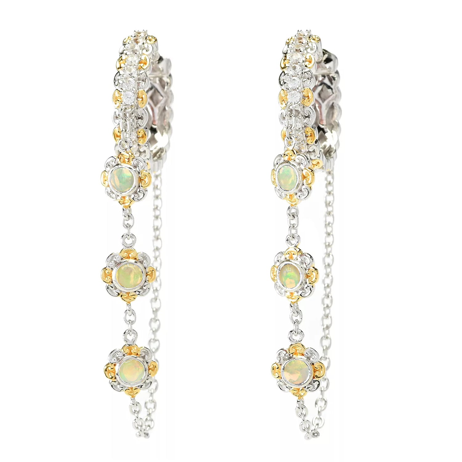 Gems en Vogue Ethiopian Opal & White Zircon Hoop & Chain Earrings