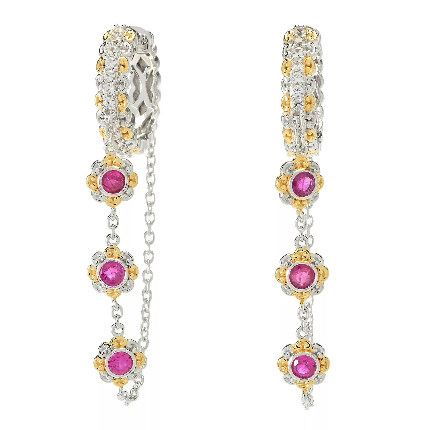 Gems en Vogue 1.30ctw Ruby & White Zircon Hoop & Chain Earrings