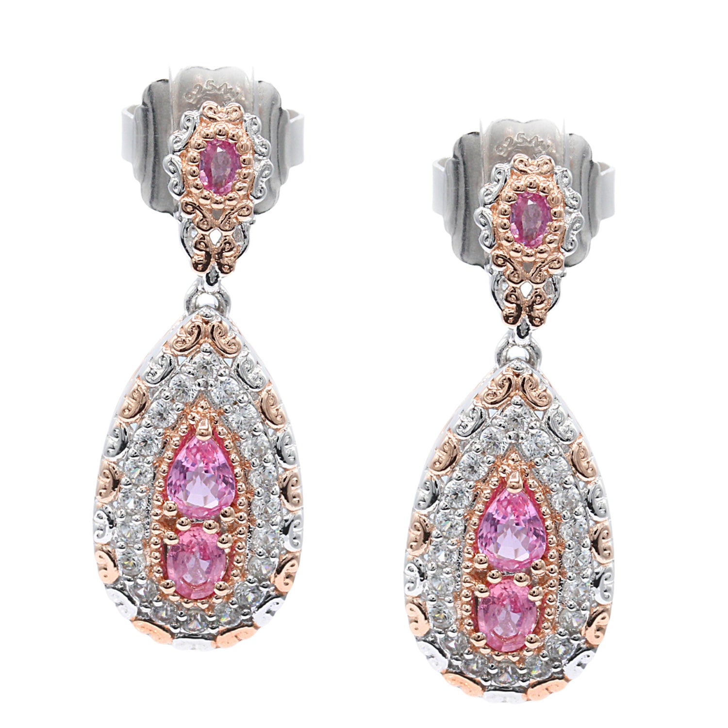 Gems en Vogue 2.06ctw Lotus Pink Sapphire & White Zircon Drop Earrings