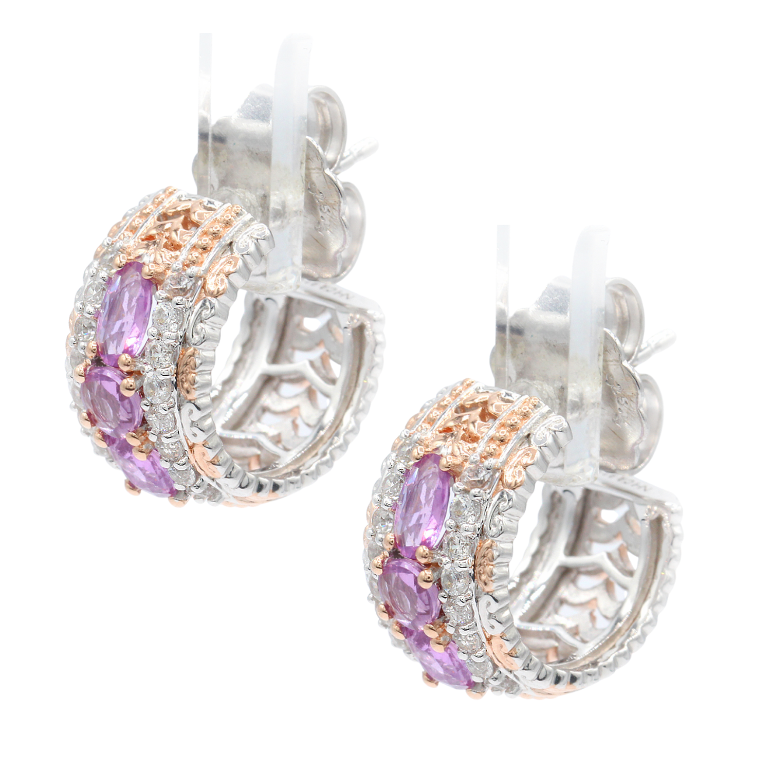Gems en Vogue 1.97ctw Lilac Sapphire & White Zircon Hoop Earrings