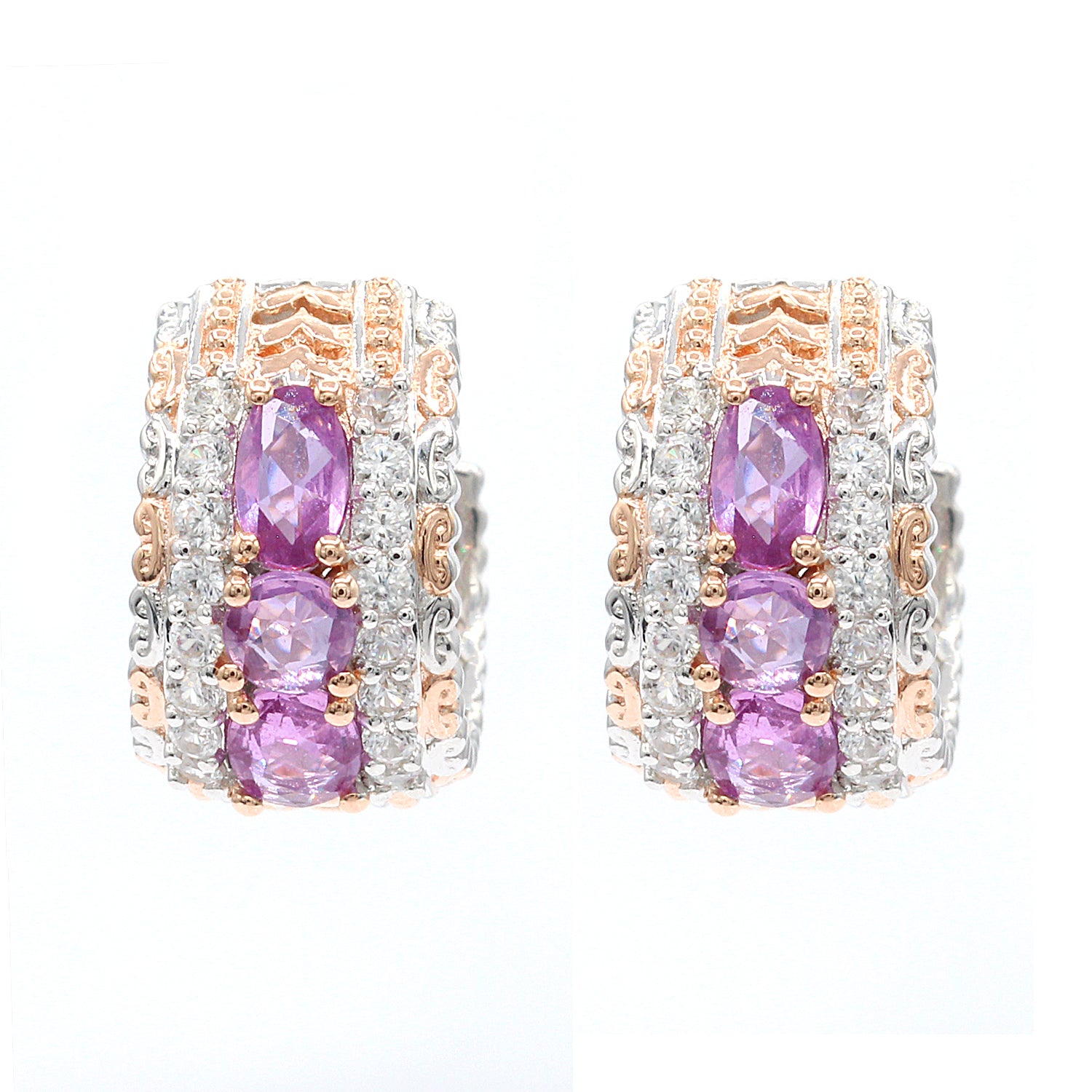 Gems en Vogue 1.97ctw Lilac Sapphire & White Zircon Hoop Earrings