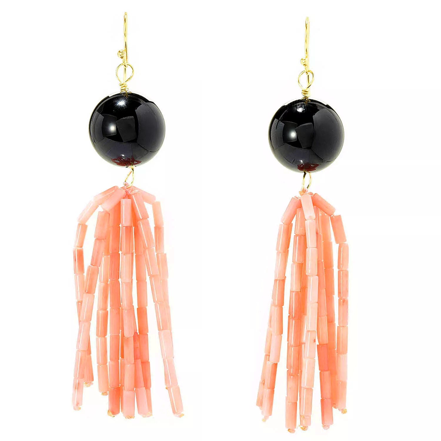 Gems en Vogue Black Onyx & Peach Coral Tassel Bead Earrings