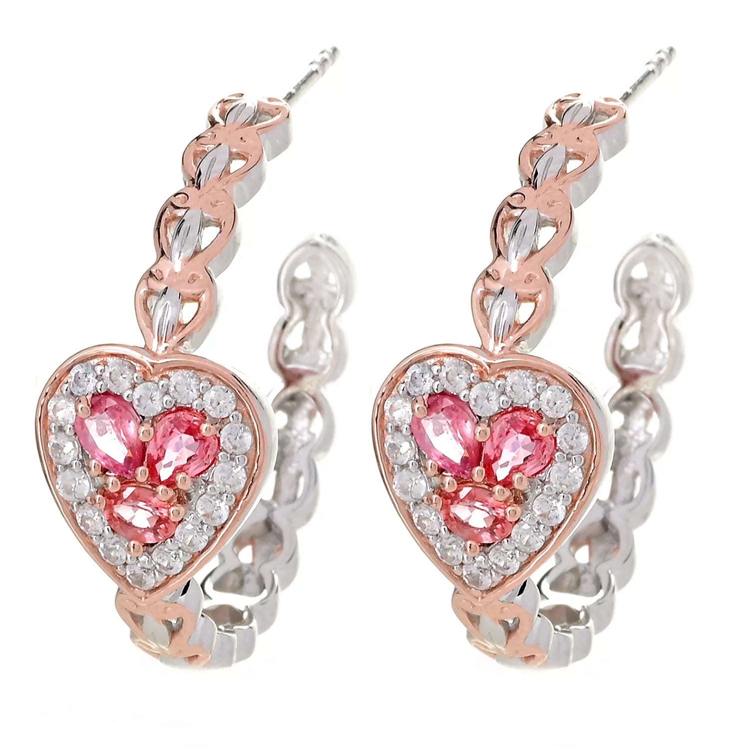 Gems en Vogue 1.66ctw Padparadscha Sapphire & White Zircon Heart Hoop Earrings