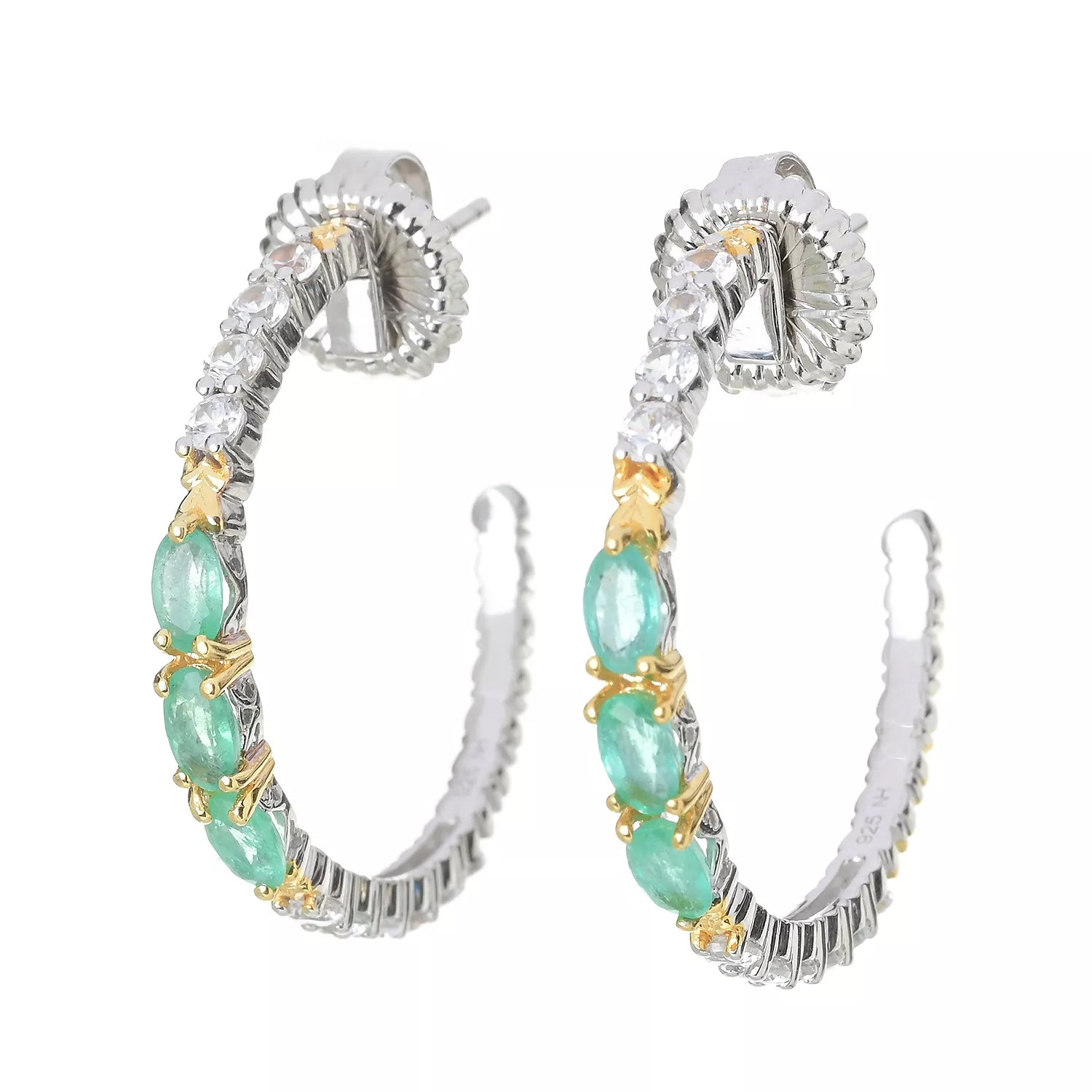 Gems en Vogue 24K Palladium Silver 2.83ctw Grizzly Emerald & White Zircon Hoop Earrings