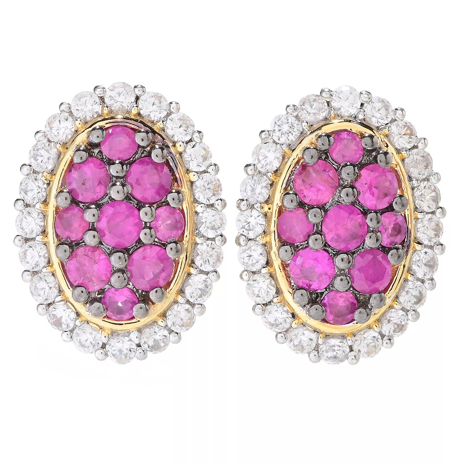 Gems en Vogue 1.92ctw Burmese Ruby & White Zircon Halo Stud Earrings
