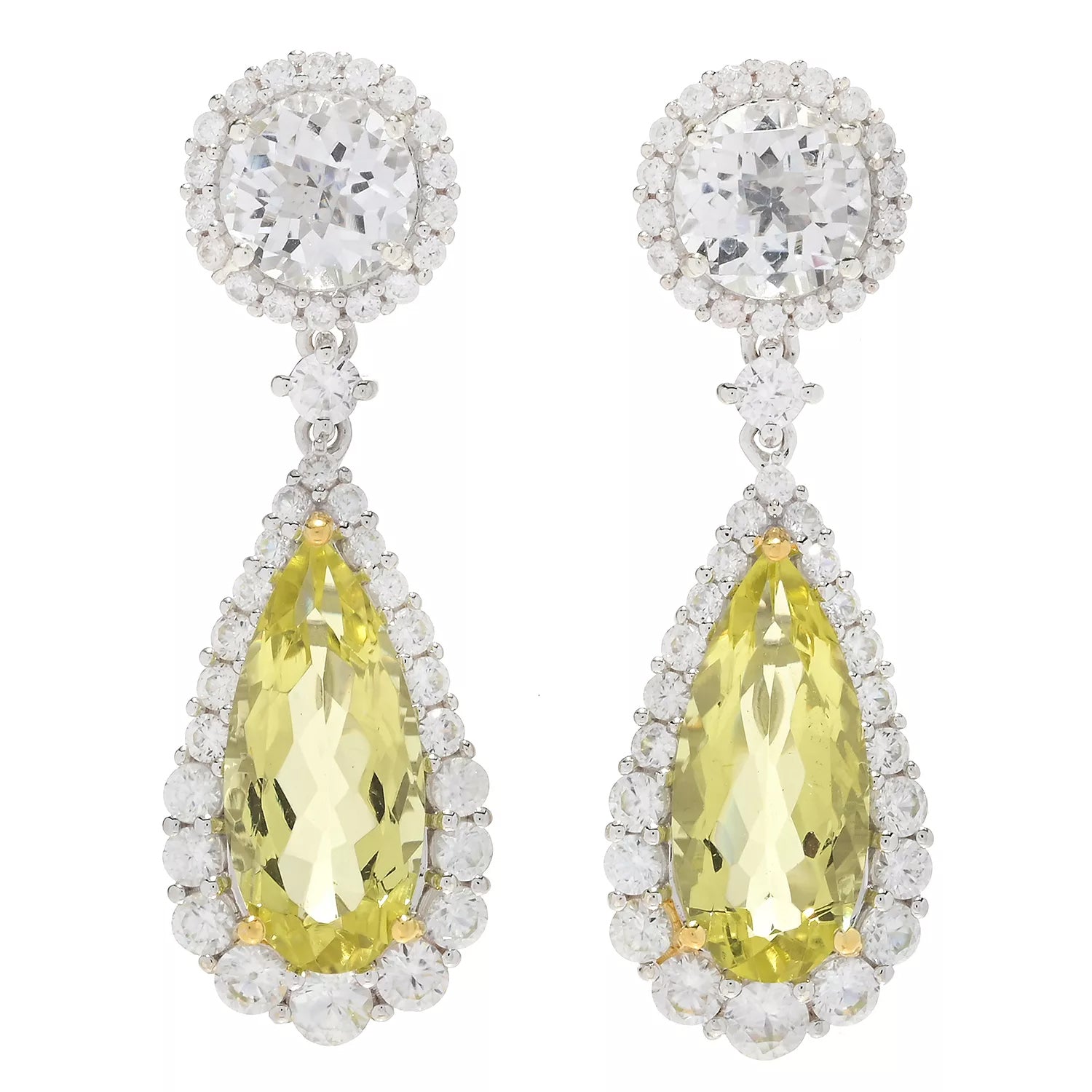 Gems en Vogue Royal Jewels 18.38ctw Ouro Verde, Clear Quartz & White Zircon "Sovereign" Drop Earrings