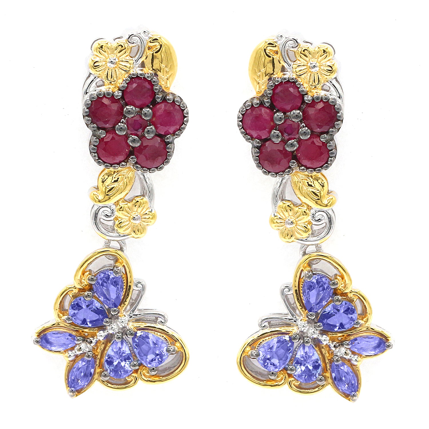 Gems en Vogue 3.39ctw Tanzanite & Ruby Butterfly & Flower Drop Earrings