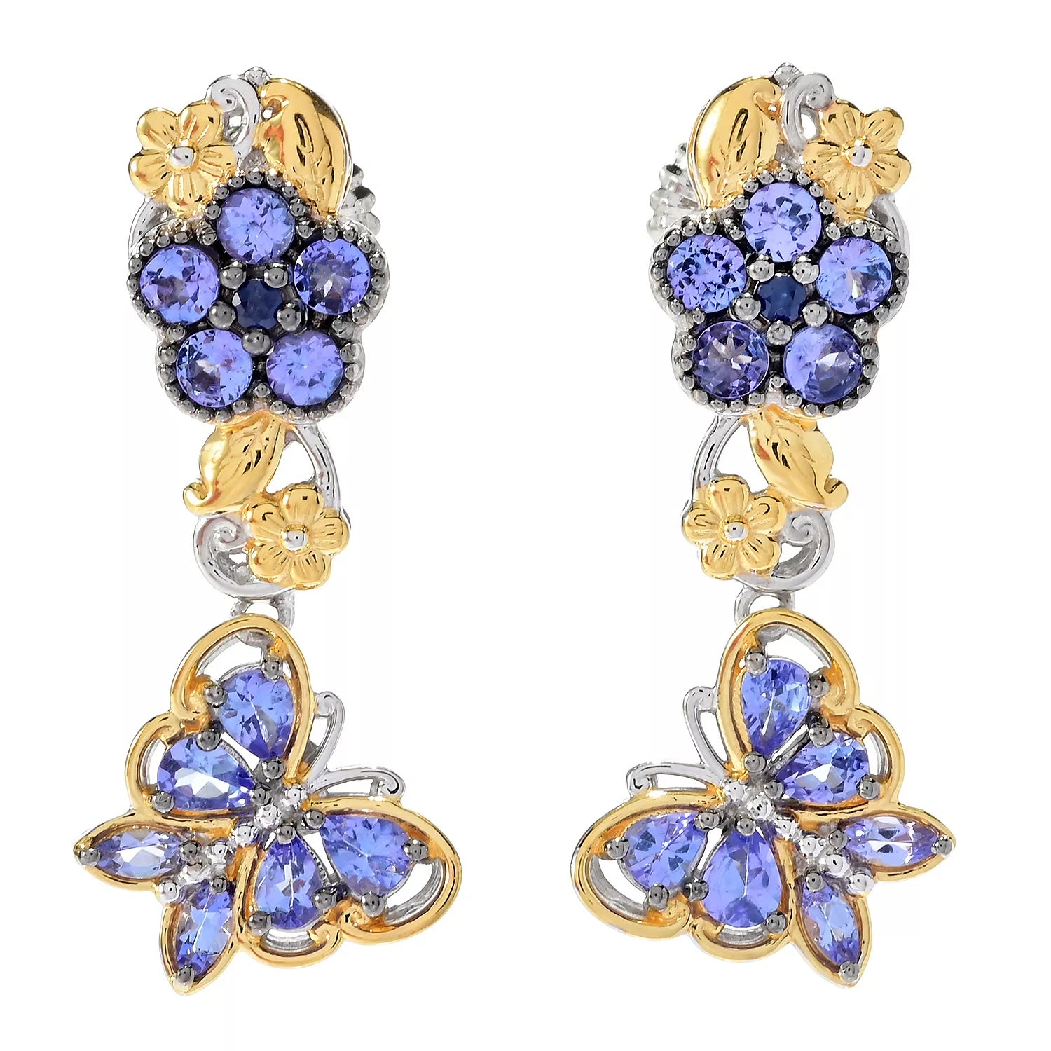 Gems en Vogue 2.77ctw Tanzanite & Blue Sapphire Butterfly & Flower Drop Earrings