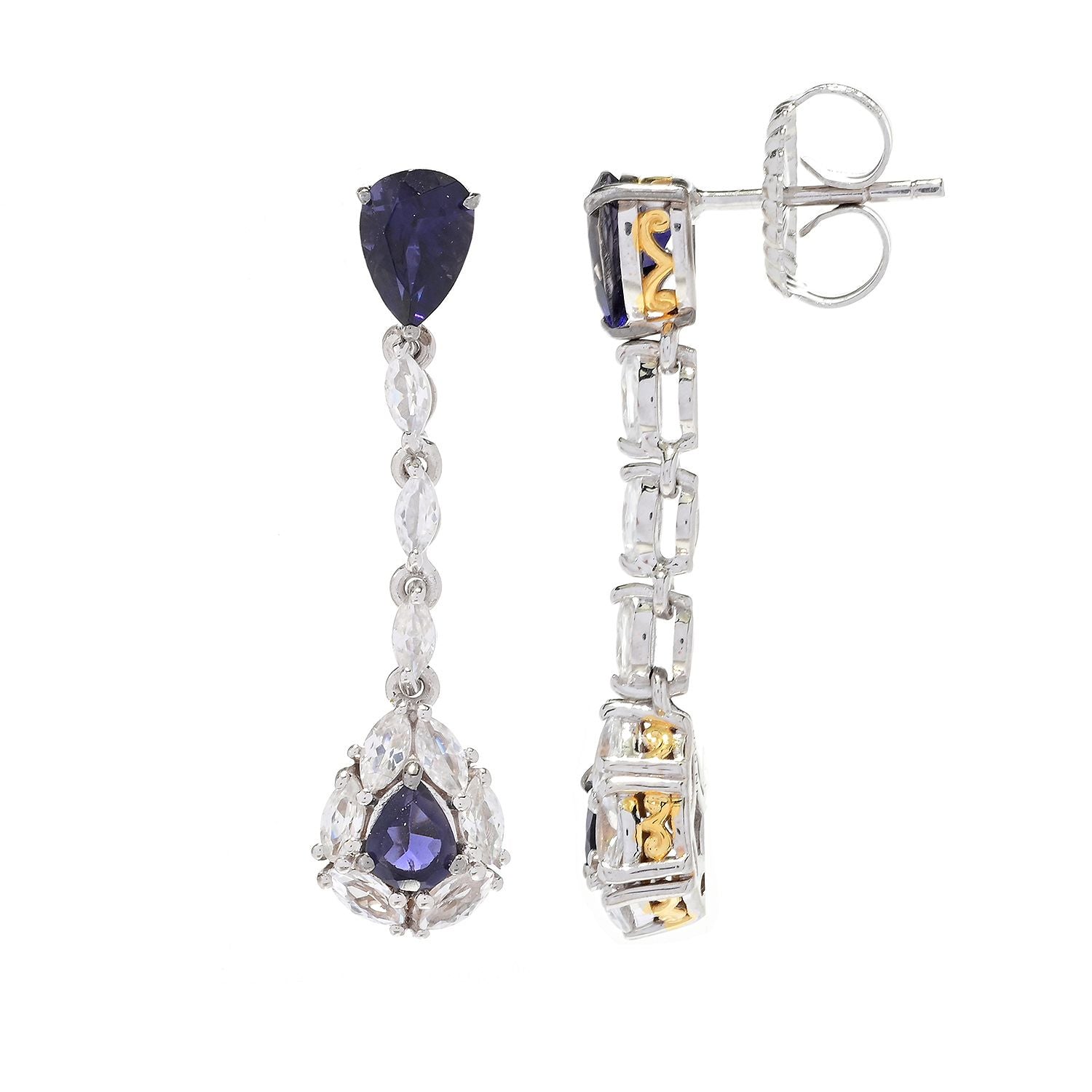 Gems en Vogue 2.93ctw Iolite & White Zircon Drop Earrings