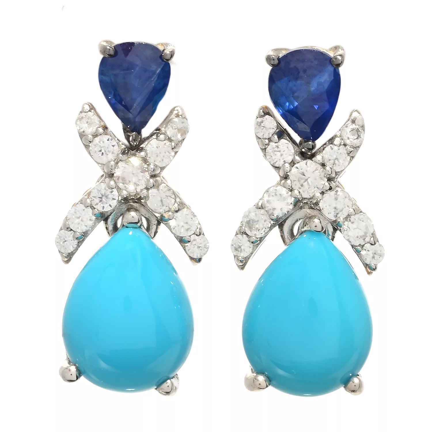 Gems en Vogue Sleeping Beauty Turquoise, Royal Blue Sapphire & White Zircon Earrings