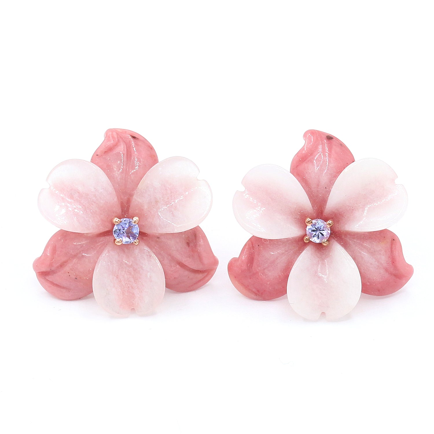 Gems en Vogue One-of-a-Kind Carved Rhodochrosite & Tanzanite Flower Stud Earrings