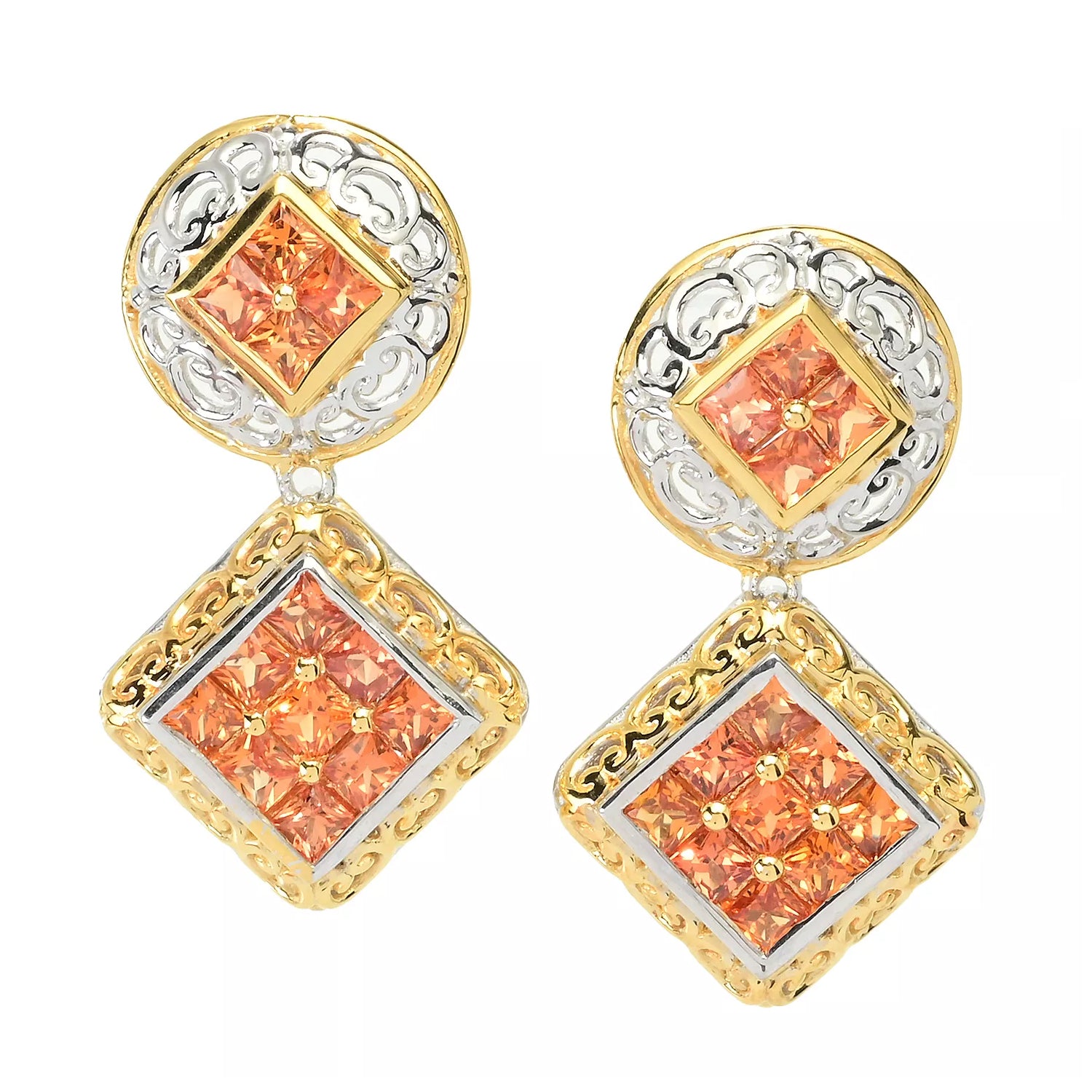 Gems en Vogue 2.60ctw Princess Cut Orange Sapphire Drop Earrings