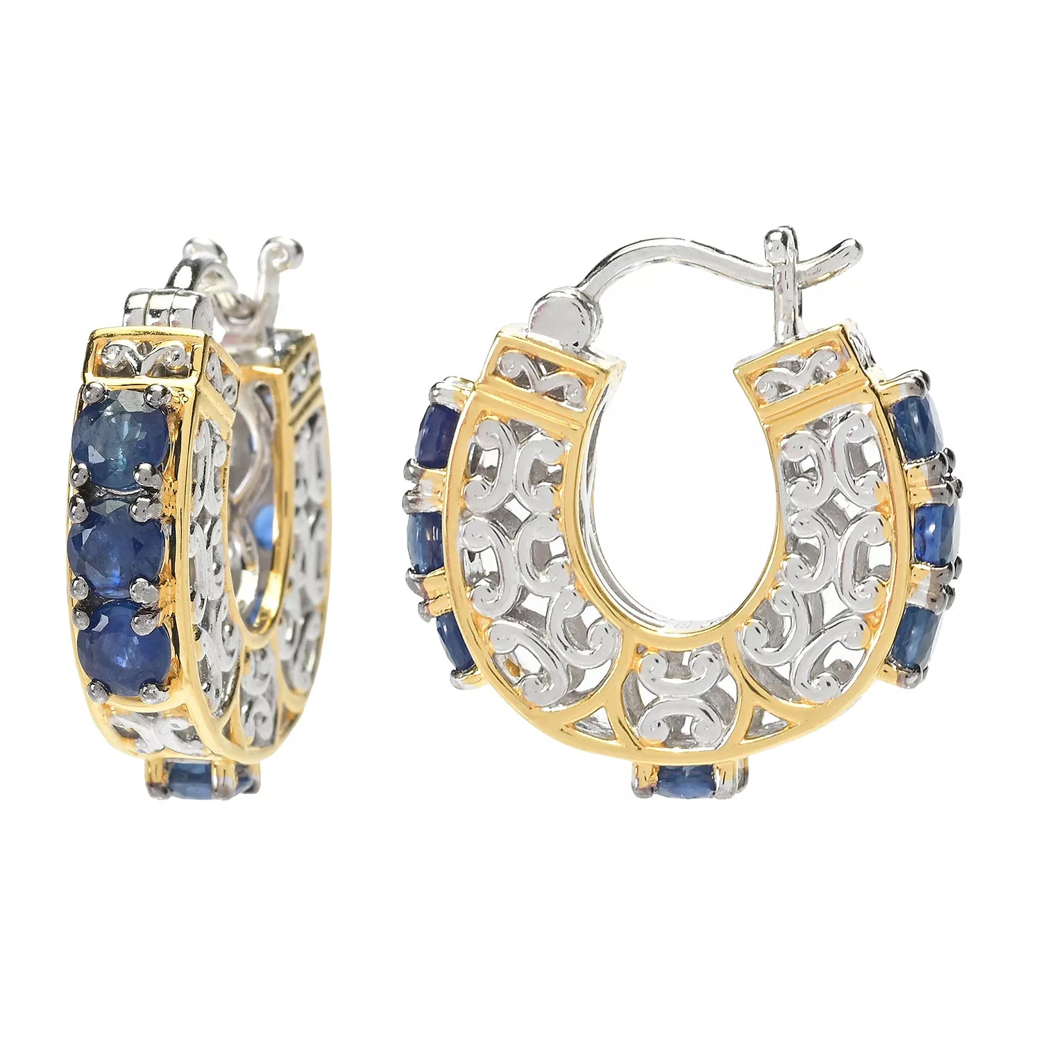 Gems en Vogue 3.50ctw Royal Blue Sapphire Horseshoe Hoop Earrings