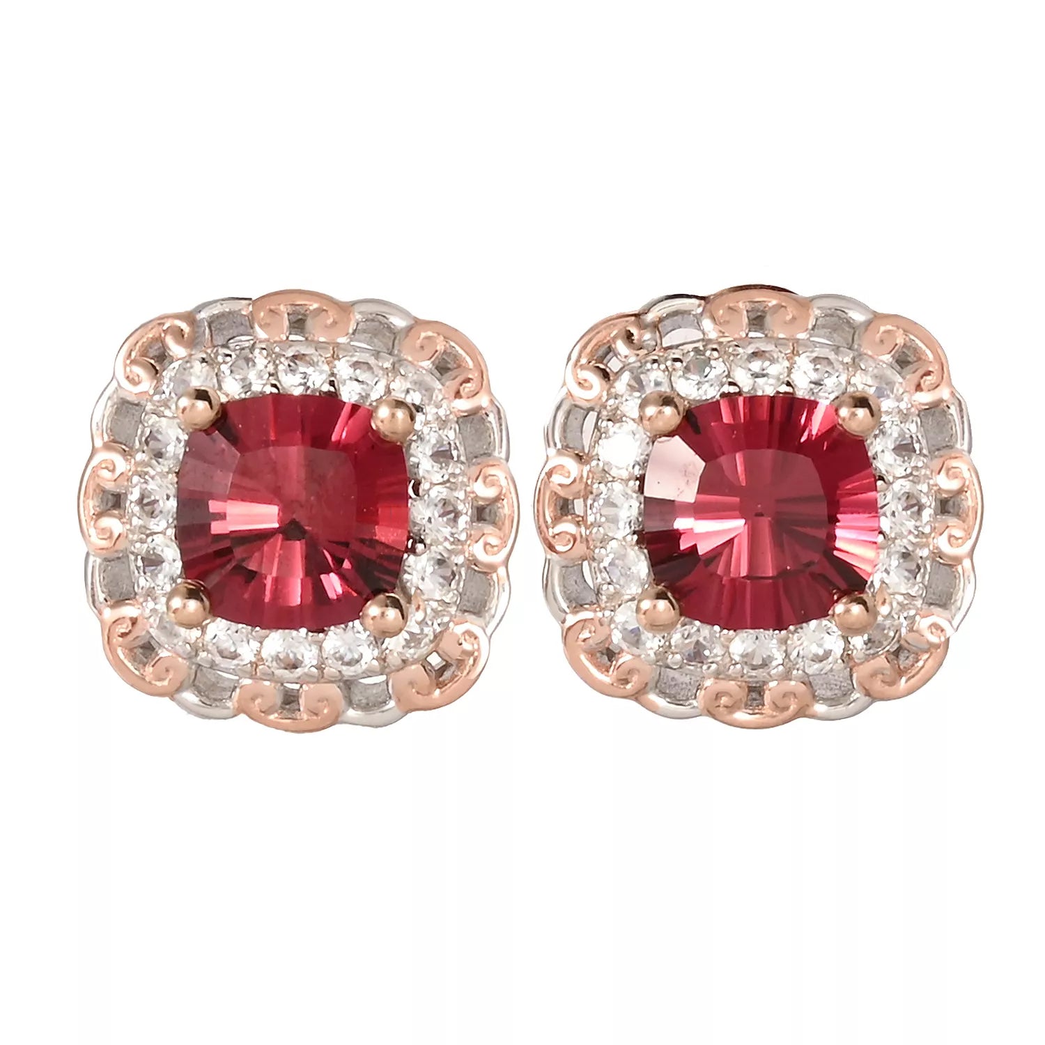 Gems en Vogue 3.26ctw Cushion Shape Pink Garnet & White Zircon Stud Earrings