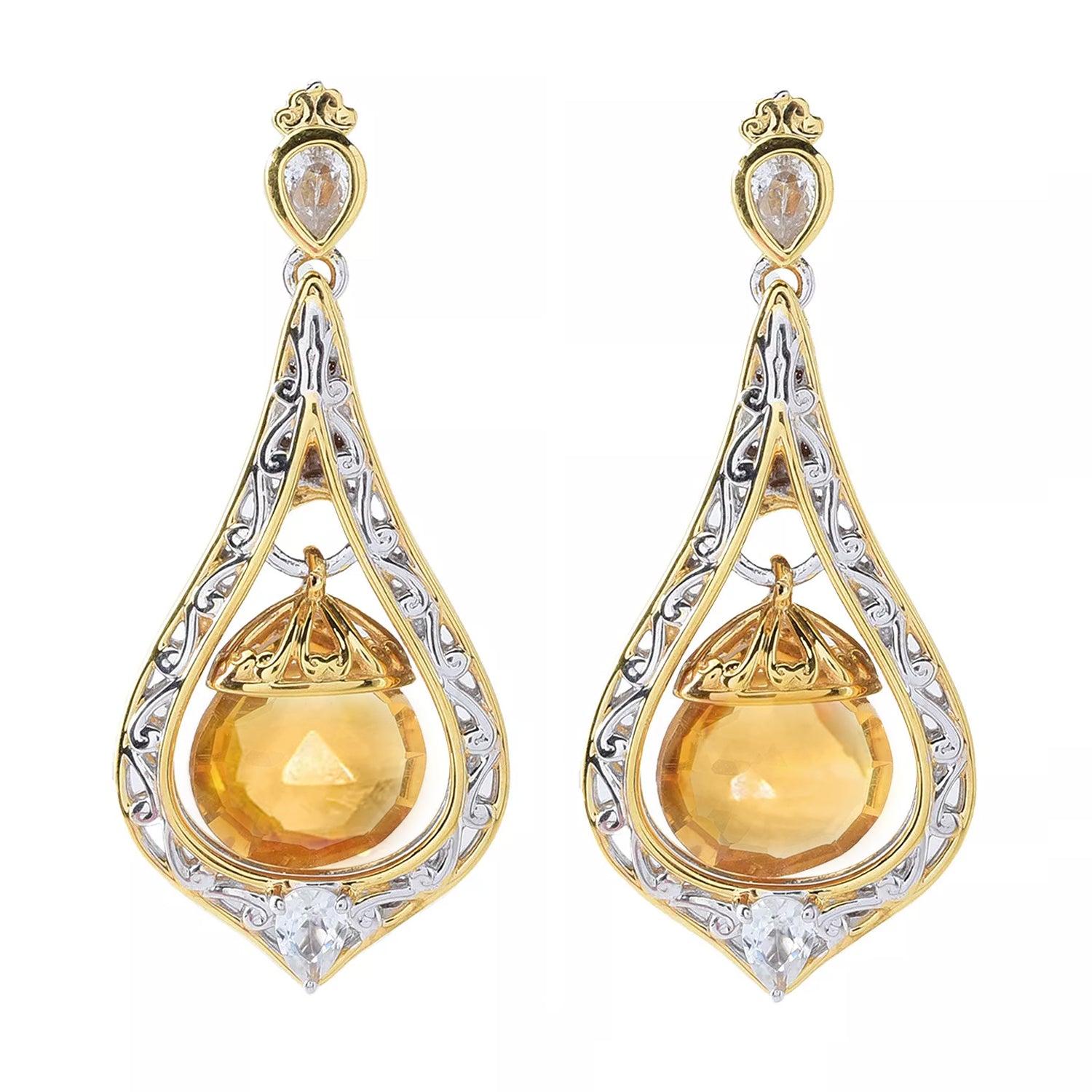 Gems en Vogue 3.00ctw Briolette Cut Citrine & White Zircon Drop Earrings