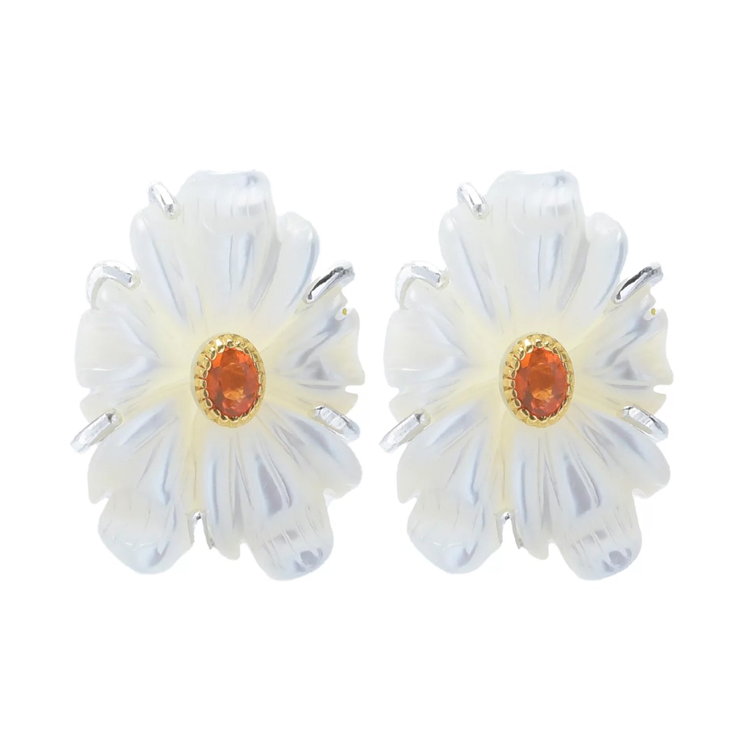 Gems en Vogue White Mother-of-Pearl Carved Flower & Fire Opal Stud Earrings