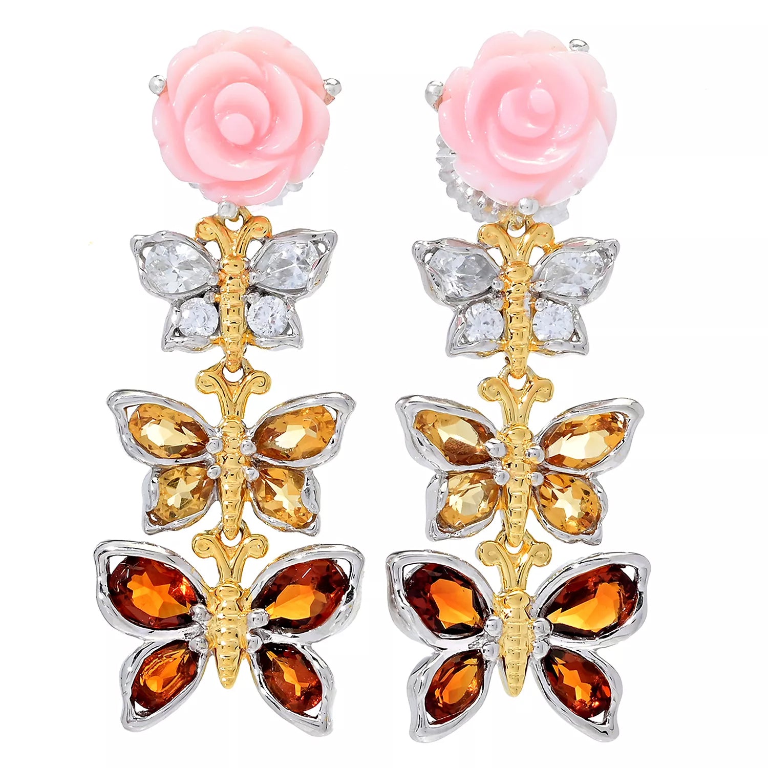 Gems en Vogue 5.20ctw Multi Gemstones Flower & Butterfly Drop Earrings