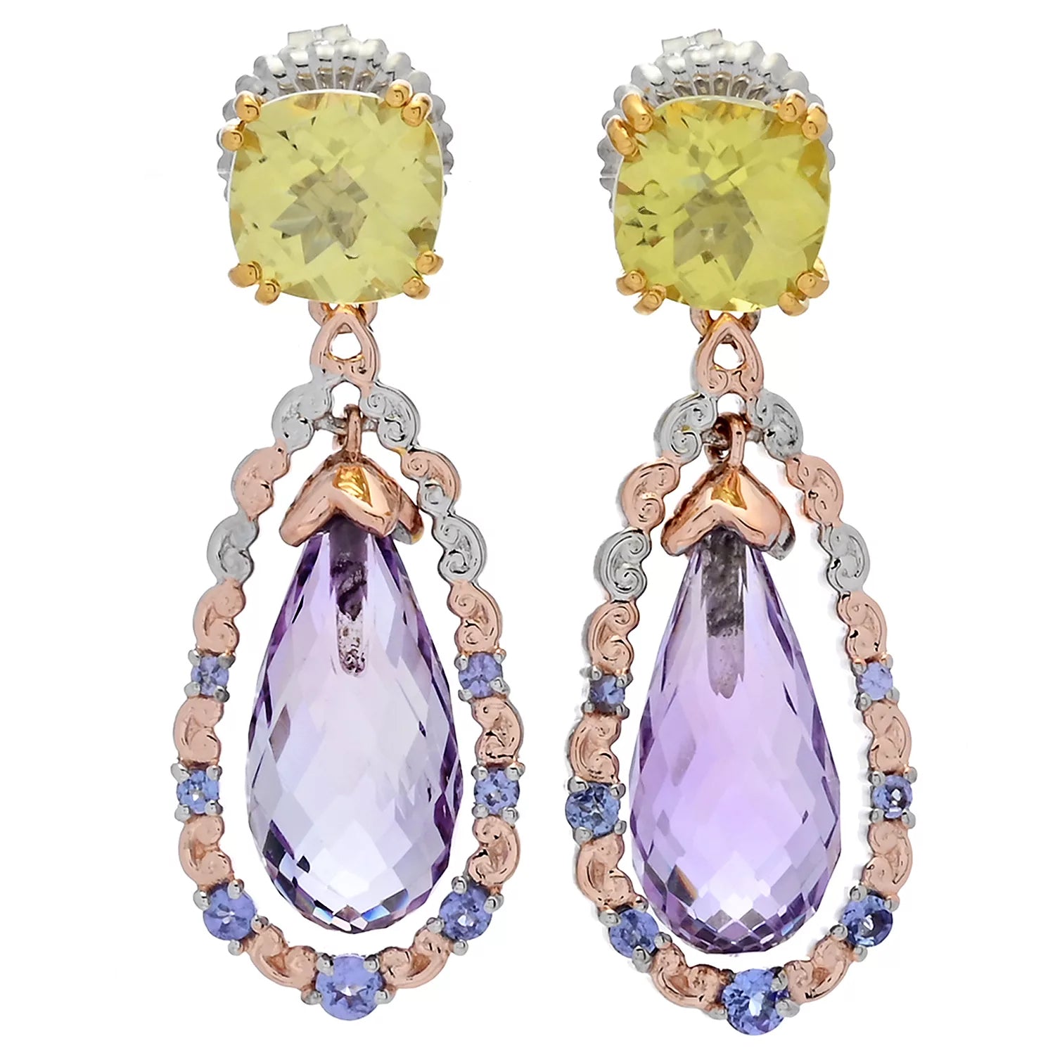 Gems en Vogue 18.02ctw Pink Amethyst, Ouro Verde & Tanzanite Drop Earrings