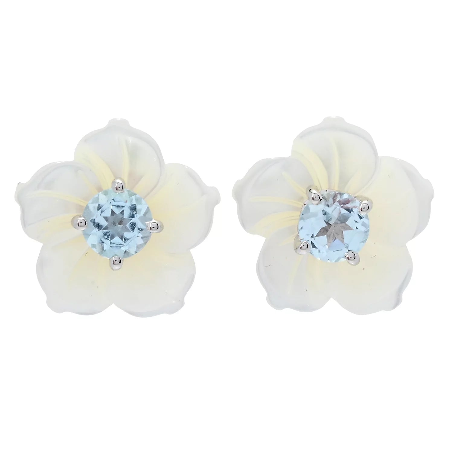 Gems en Vogue White Mother-of-Pearl Carved Flower & Blue Topaz Stud Earrings