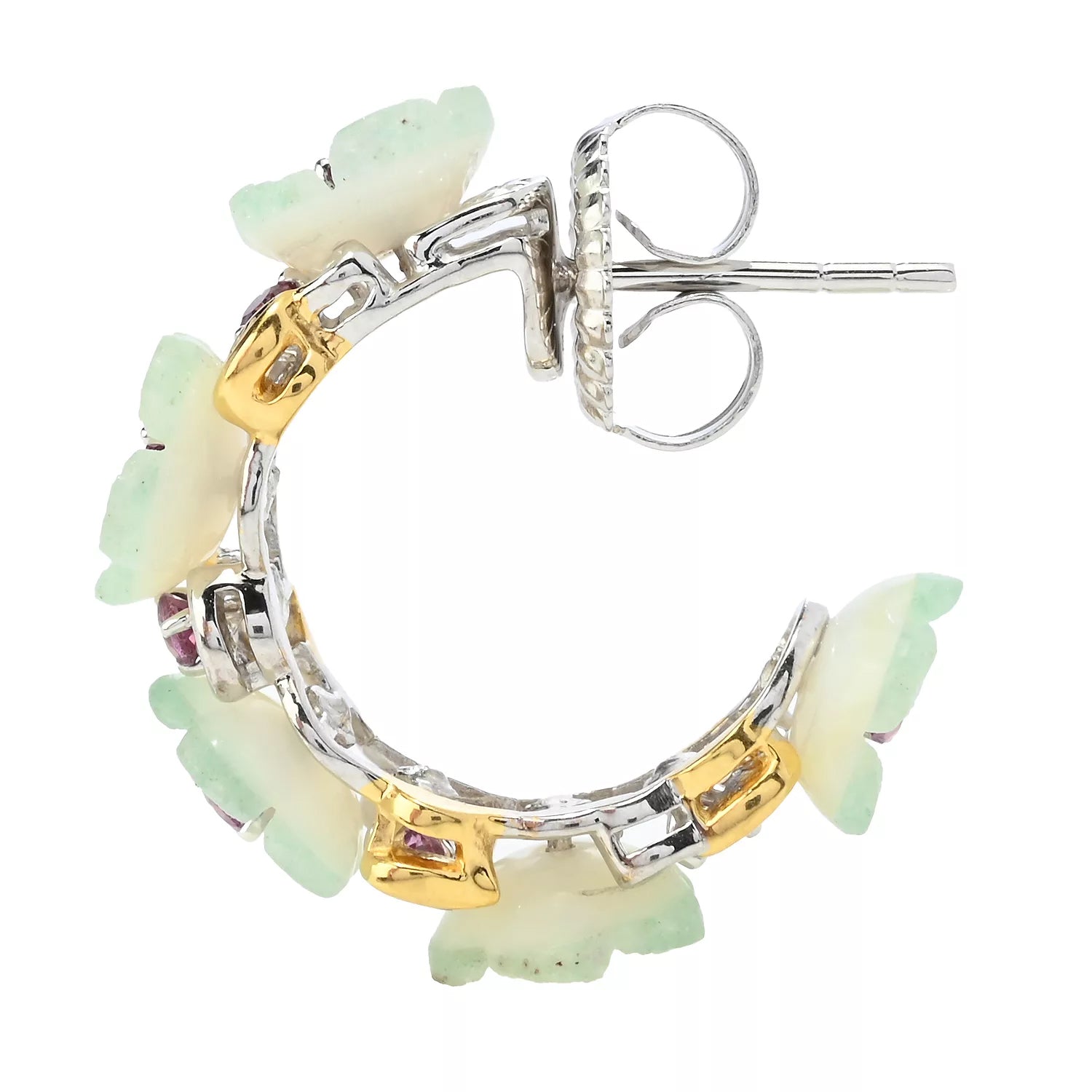 Gems en Vogue Carved Green Aventurine Mother-of-Pearl Flower & Rhodolite Garnet Hoop Earrings