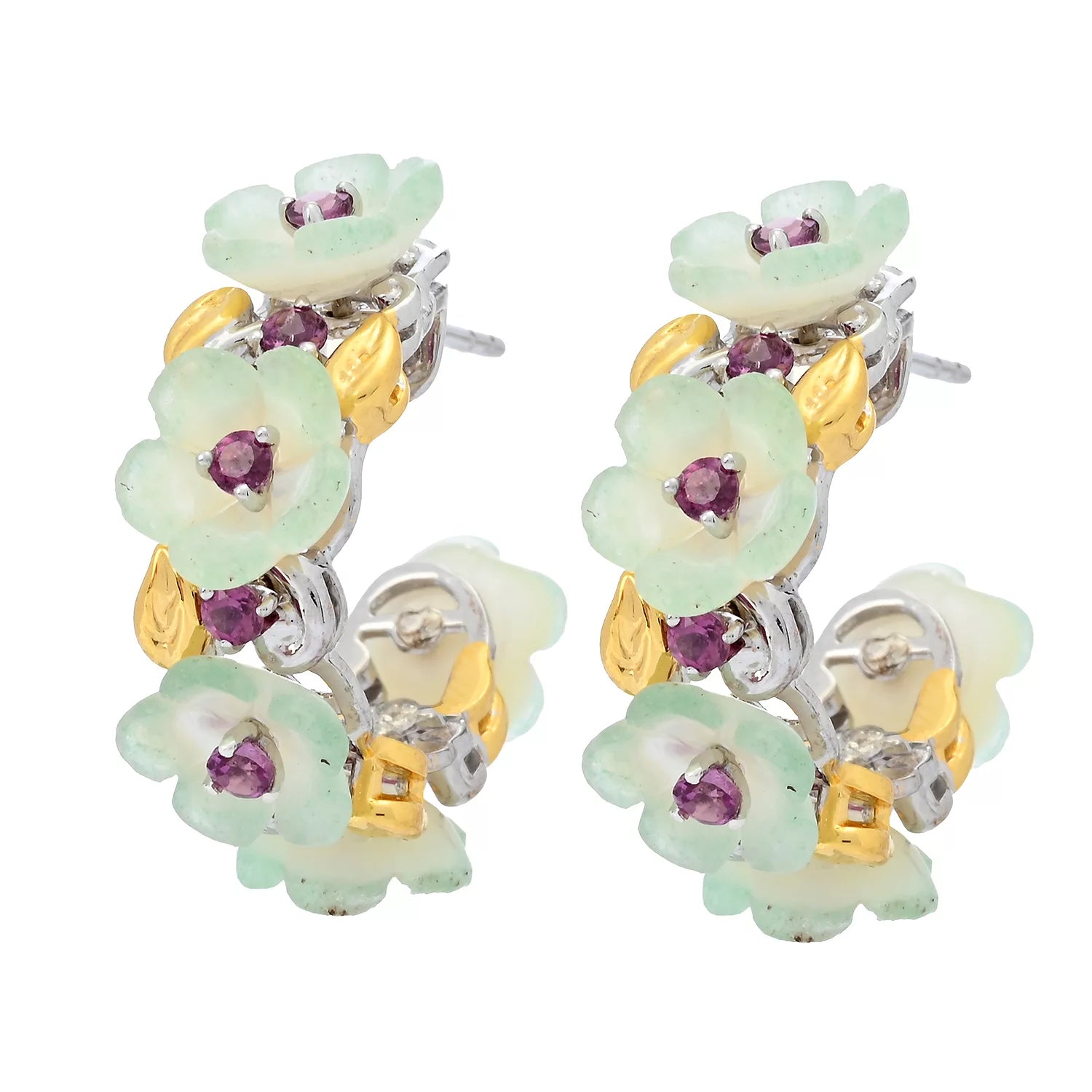 Gems en Vogue Carved Green Aventurine Mother-of-Pearl Flower & Rhodolite Garnet Hoop Earrings