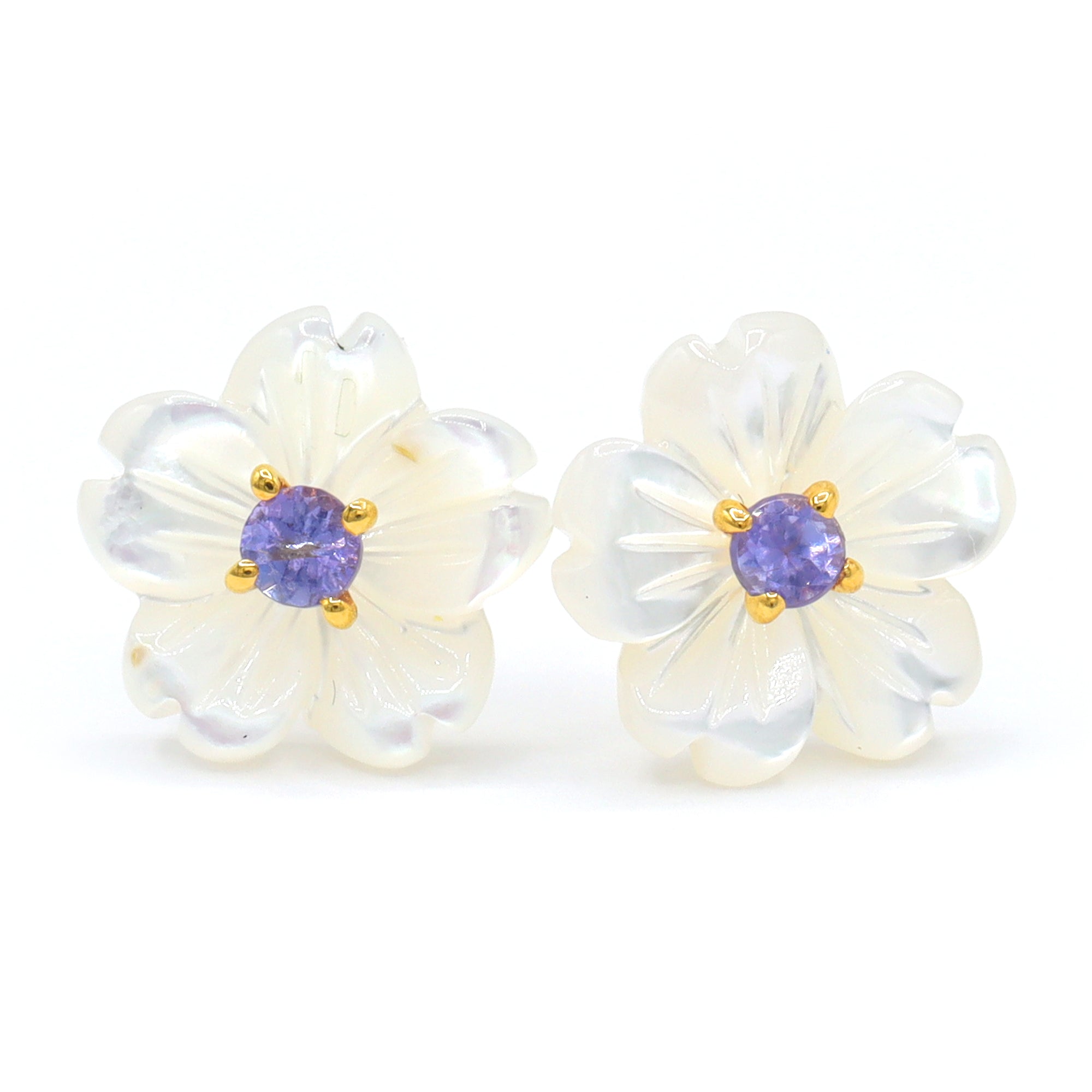 Gems en Vogue 24K Palladium Silver White Mother-of-Pearl & Round Tanzanite Carved Flower Stud Earrings