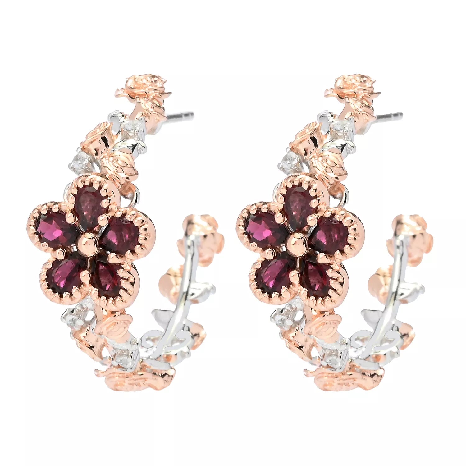 Gems en Vogue 3.26ctw Pink Tourmaline & White Zircon Flower Hoop Earrings