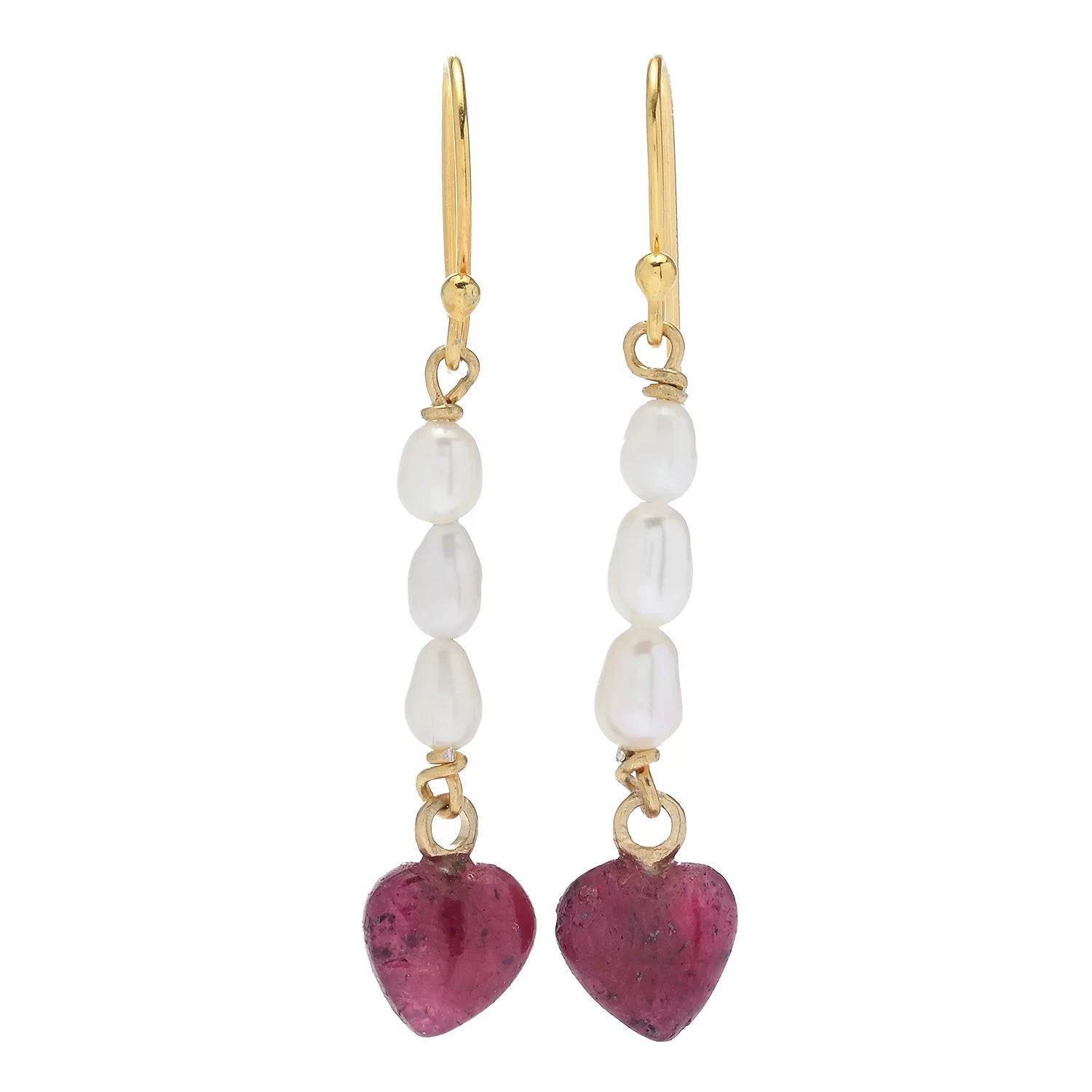 Gems en Vogue Pearl & Ruby Bead Heart Drop Earrings