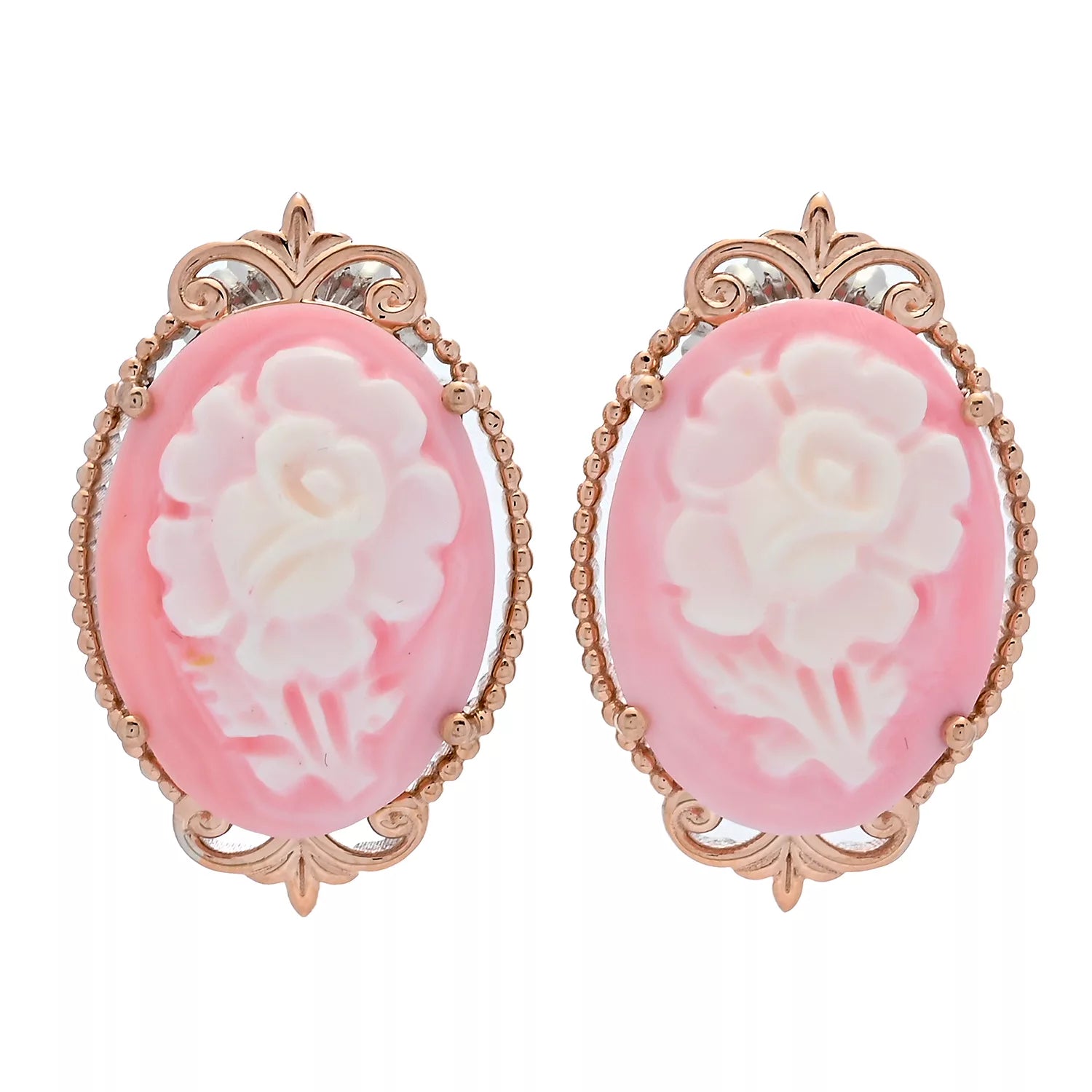 Gems en Vogue Pink Flower Shell Cameo Stud Earrings