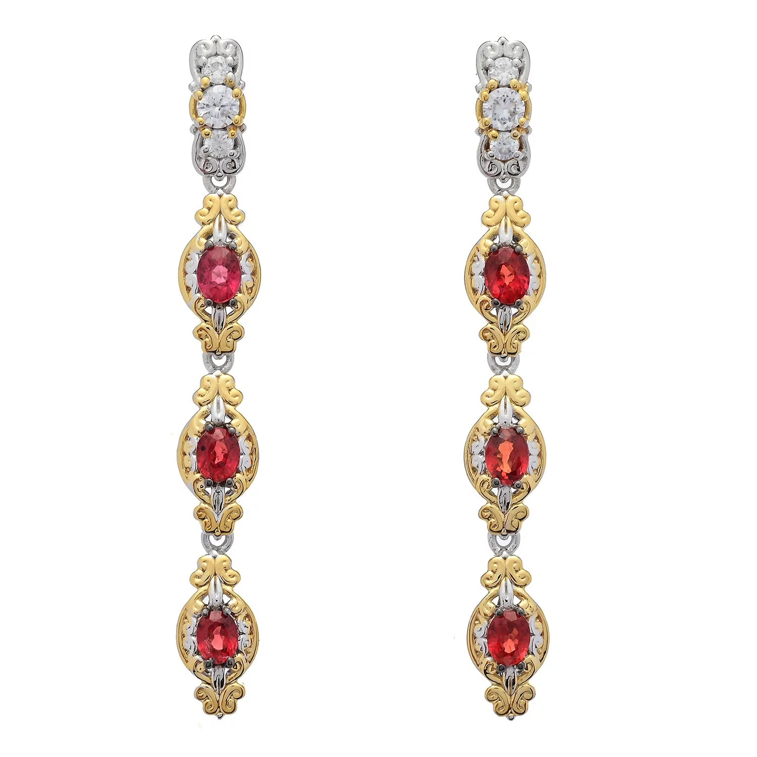 Gems en Vogue 1.70ctw Oval Red Sapphire & White Zircon Drop Earrings