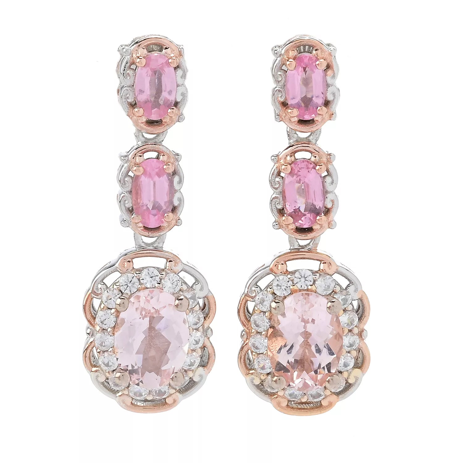 Gems en Vogue 3.38ctw Pink Morganite, Pink Spinel & White Zircon Drop Earrings