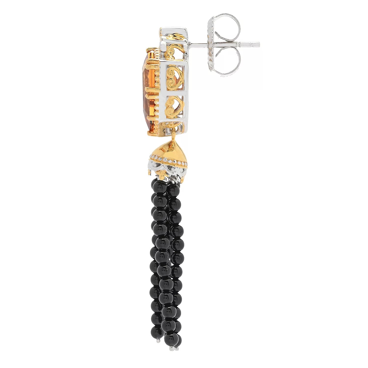 Gems en Vogue 5.40ctw Shield Cut Madeira Citrine & Black Onyx Drop Earrings