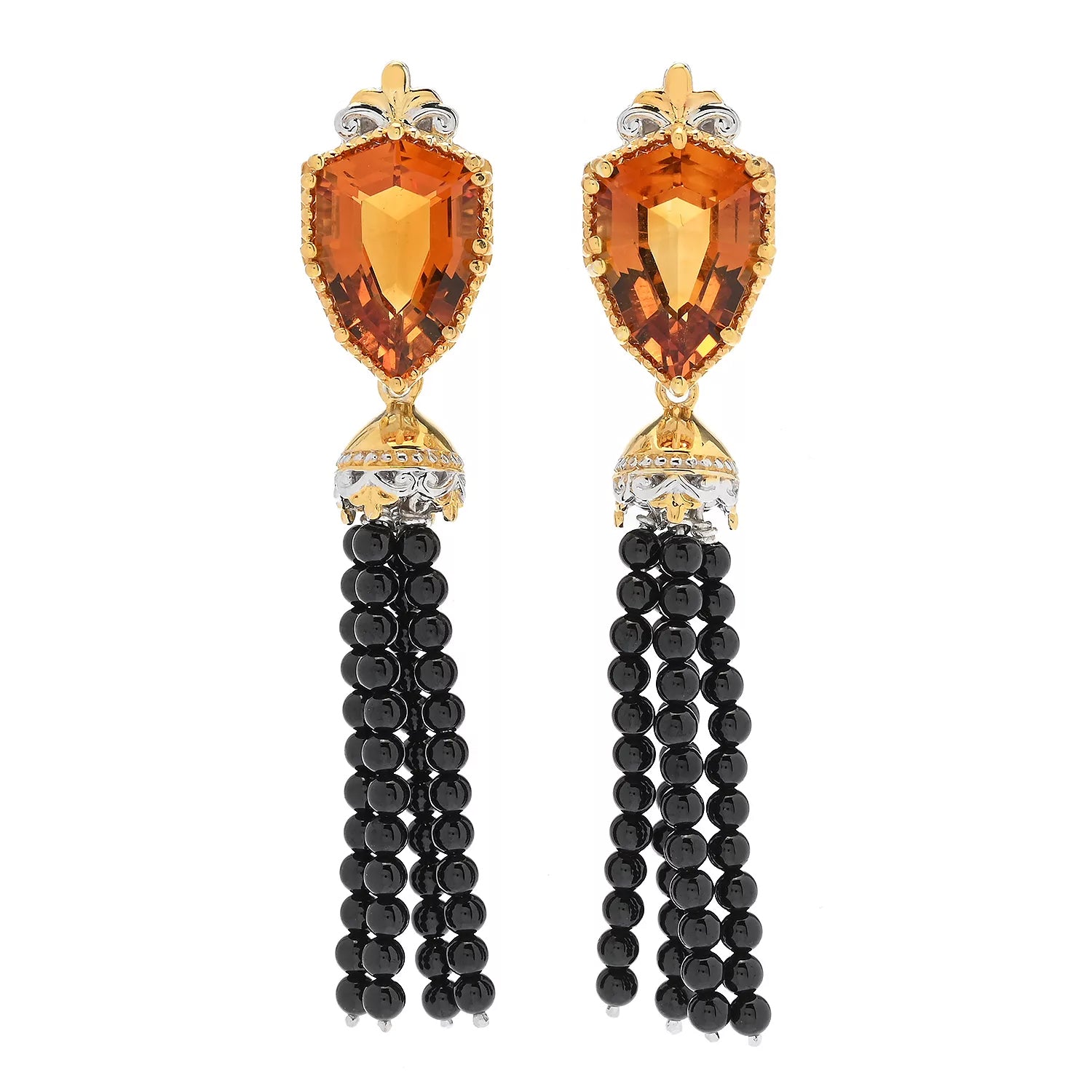 Gems en Vogue 5.40ctw Shield Cut Madeira Citrine & Black Onyx Drop Earrings