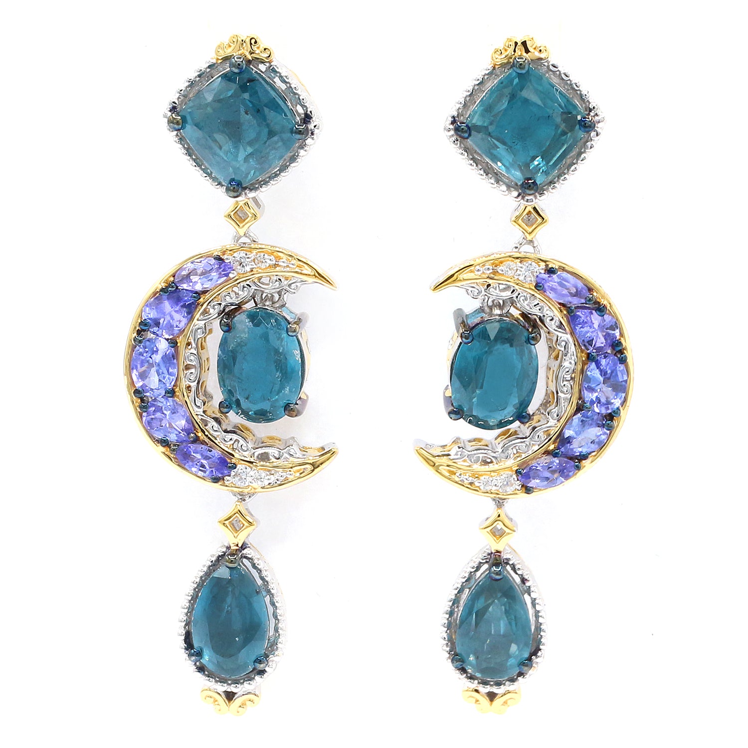 Gems en Vogue 4.14ctw Teal Kyanite, Tanzanite & White Zircon Moon Drop Earrings