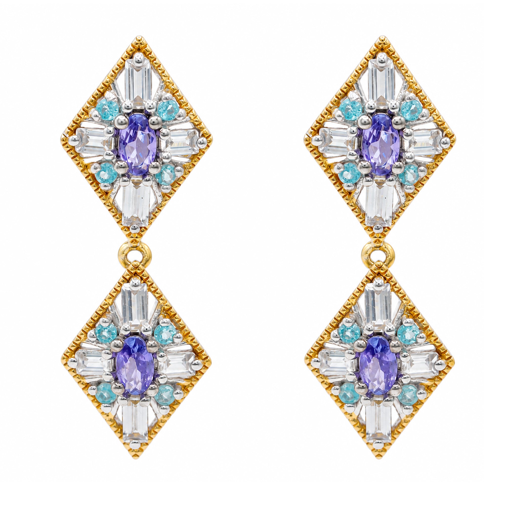Gems en Vogue 24K Palladium Silver 3.37ctw Tanzanite, Paraiba Apatite & White Zircon Drop Earrings