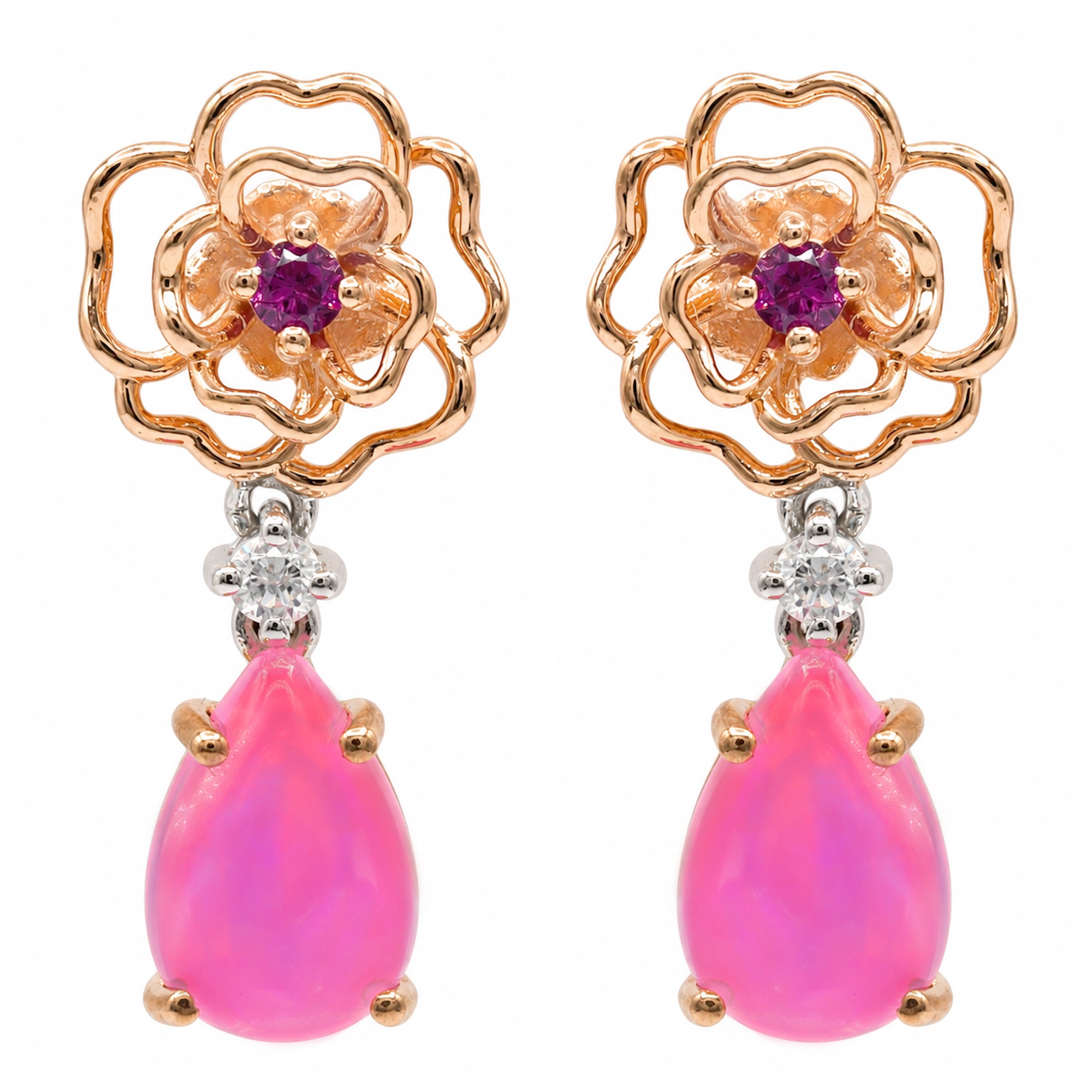 Gems en Vogue 18K Palladium Silver Pink Ethiopian Opal, Rhodolite & White Zircon Flower Drop Earrings