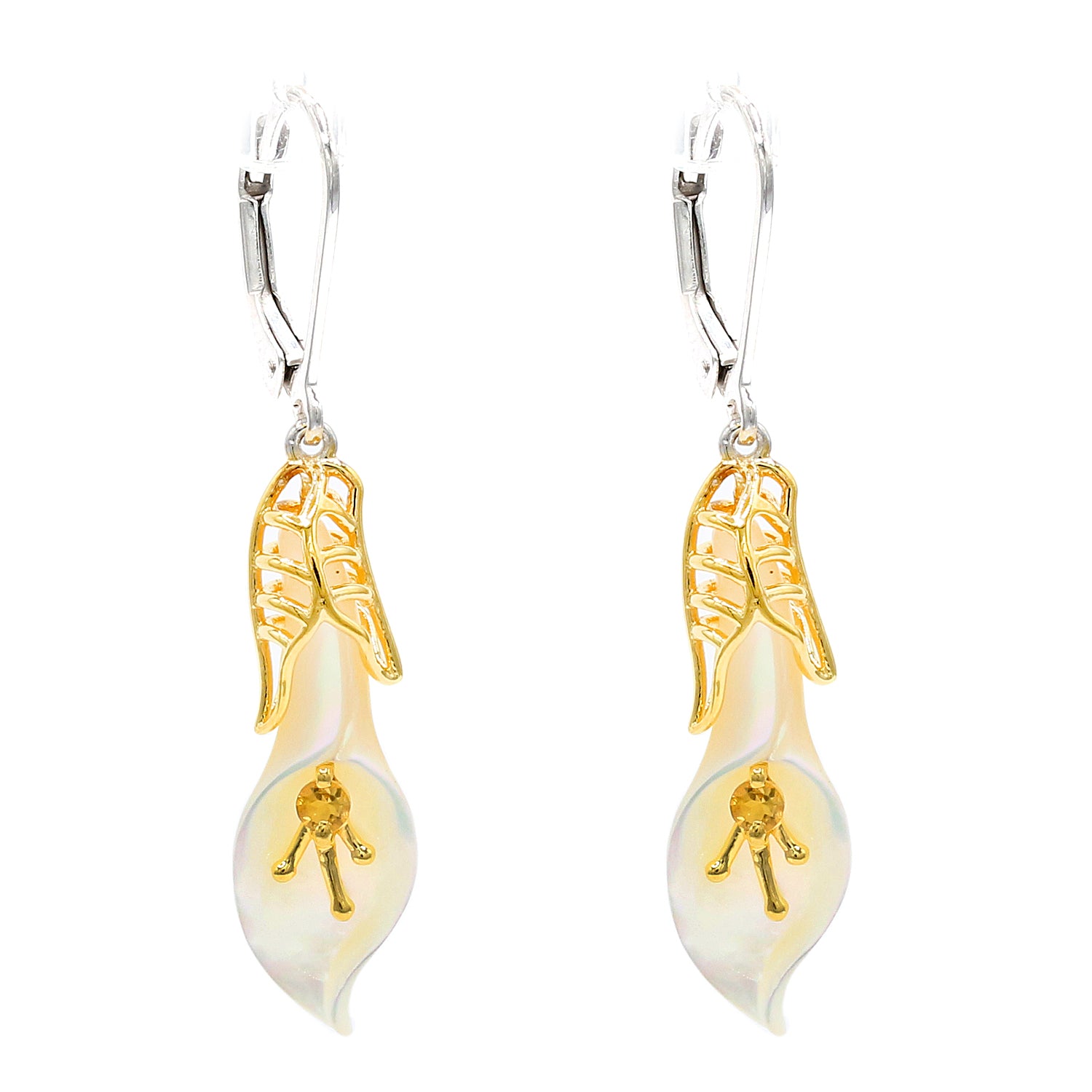 Gems en Vogue 24K Palladium Silver White Mother-of-Pearl & Citrine Carved Lily Flower Drop Earrings