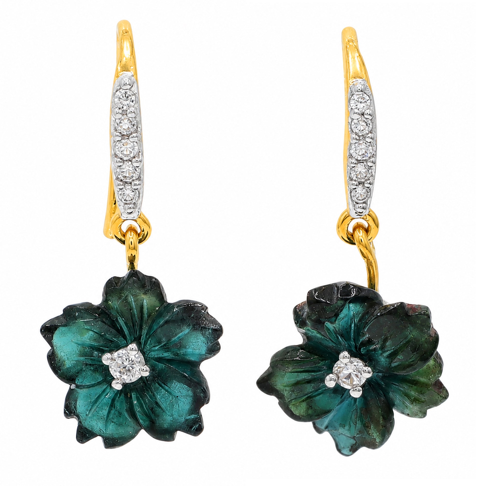 Couture Gems One-of-a-Kind 24K Palladium Silver 5.95ctw Carved Indicolite Tourmaline Flower & White Zircon Drop Earrings