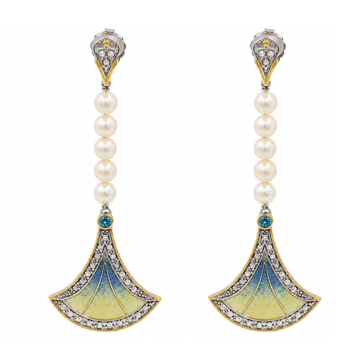 Gems en Vogue 24K Palladium Silver Pearl & London Blue Topaz Fan Earrings