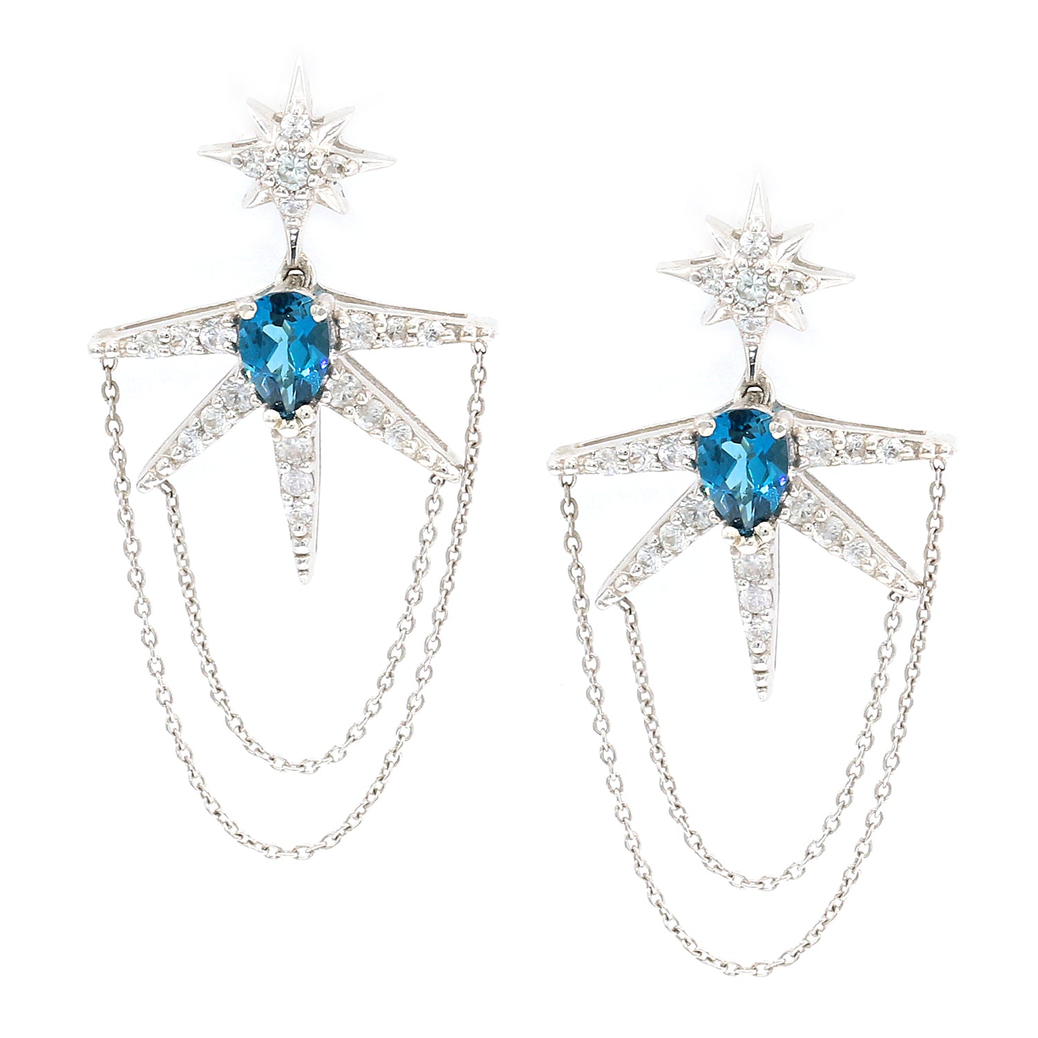 Hall of Jewels 3.47ctw London Blue Topaz White Zircon Star Chain Drop Earrings