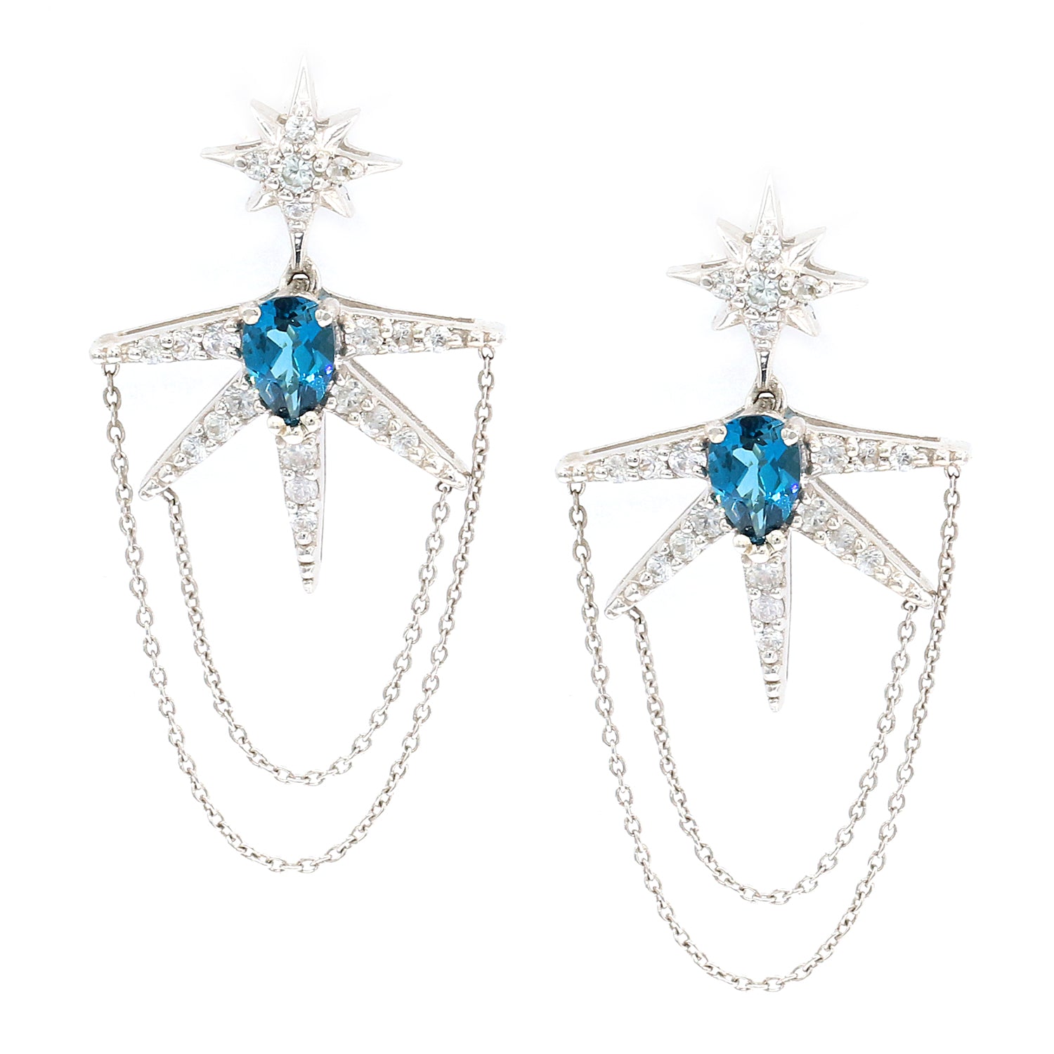 Hall of Jewels 3.47ctw London Blue Topaz & White Zircon Star Chain Drop Earrings