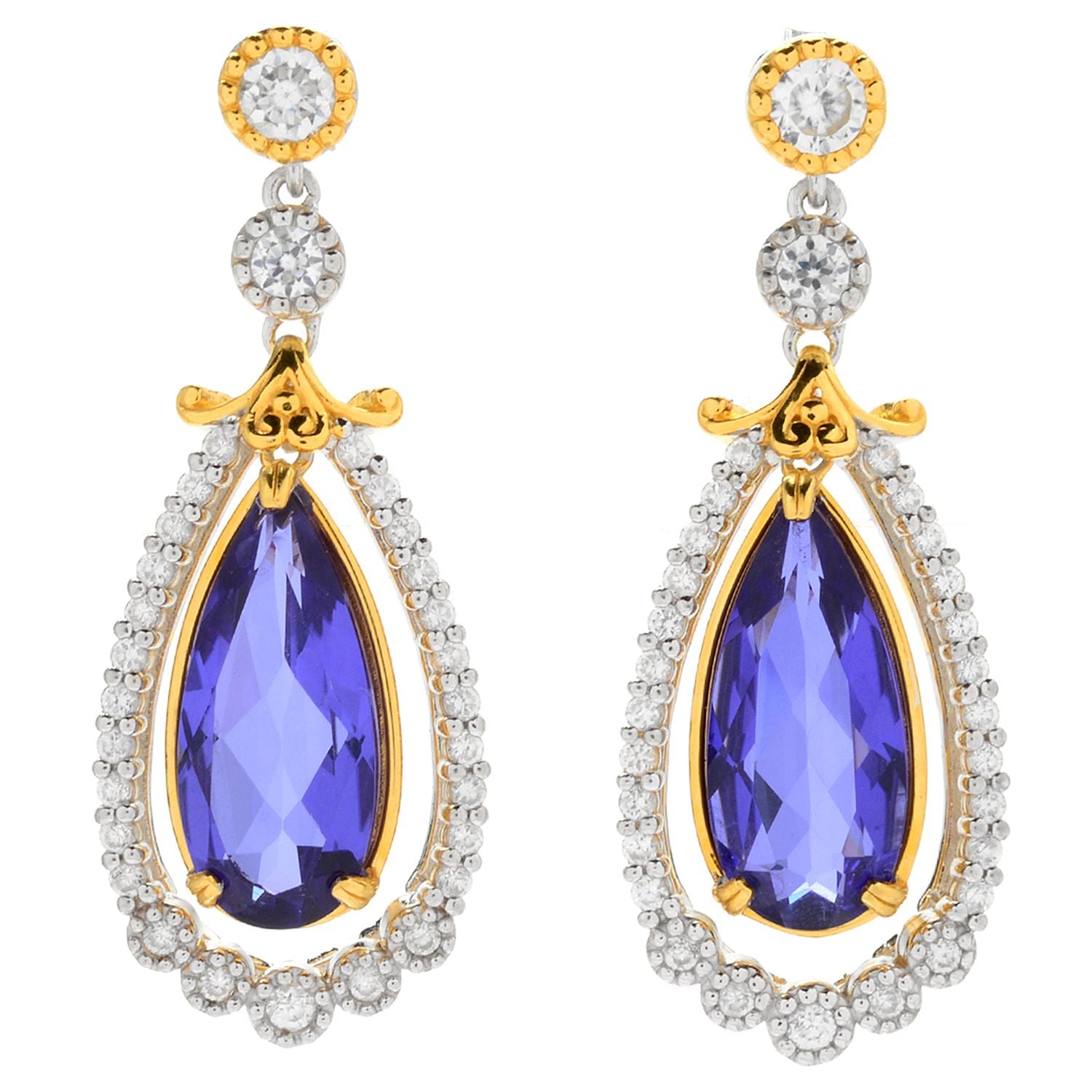 Gems en Vogue 10.88ctw Tanzanite Colored Blue Quartz Doublet & White Zircon Drop Earrings